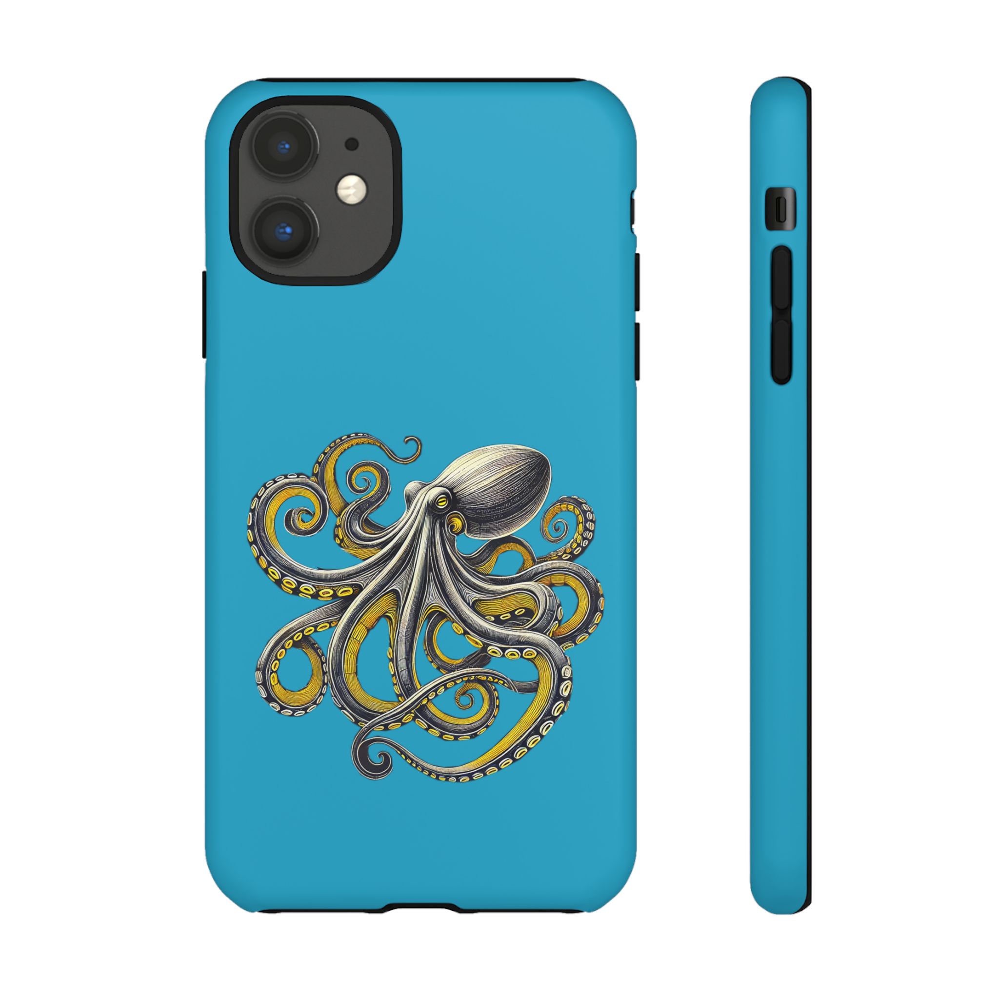 Phone case featuring an illustrated octopus design on a blue background.