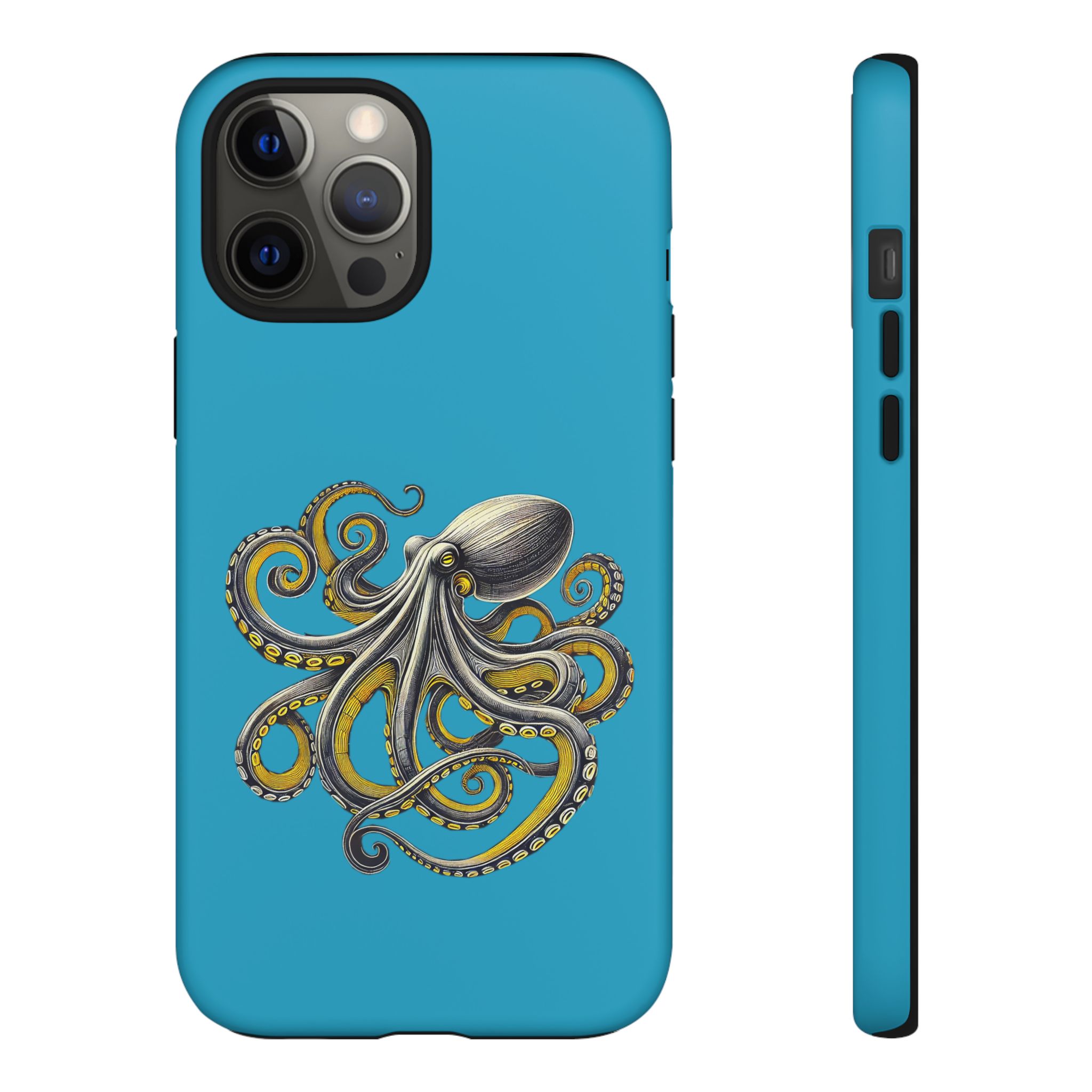 Phone case featuring an illustration of an octopus on a blue background.