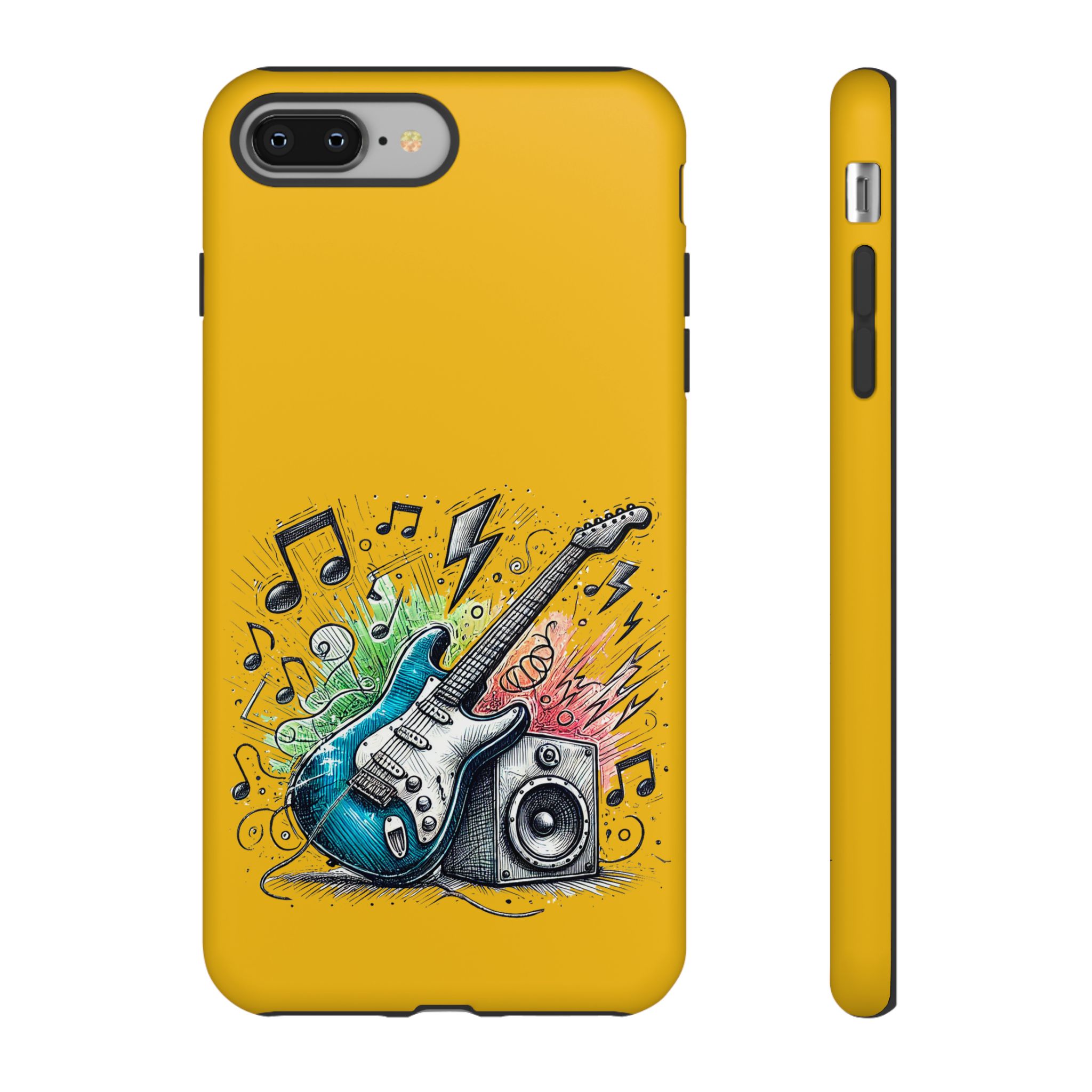 Yellow phone case featuring a blue electric guitar and music notes with a speaker.
