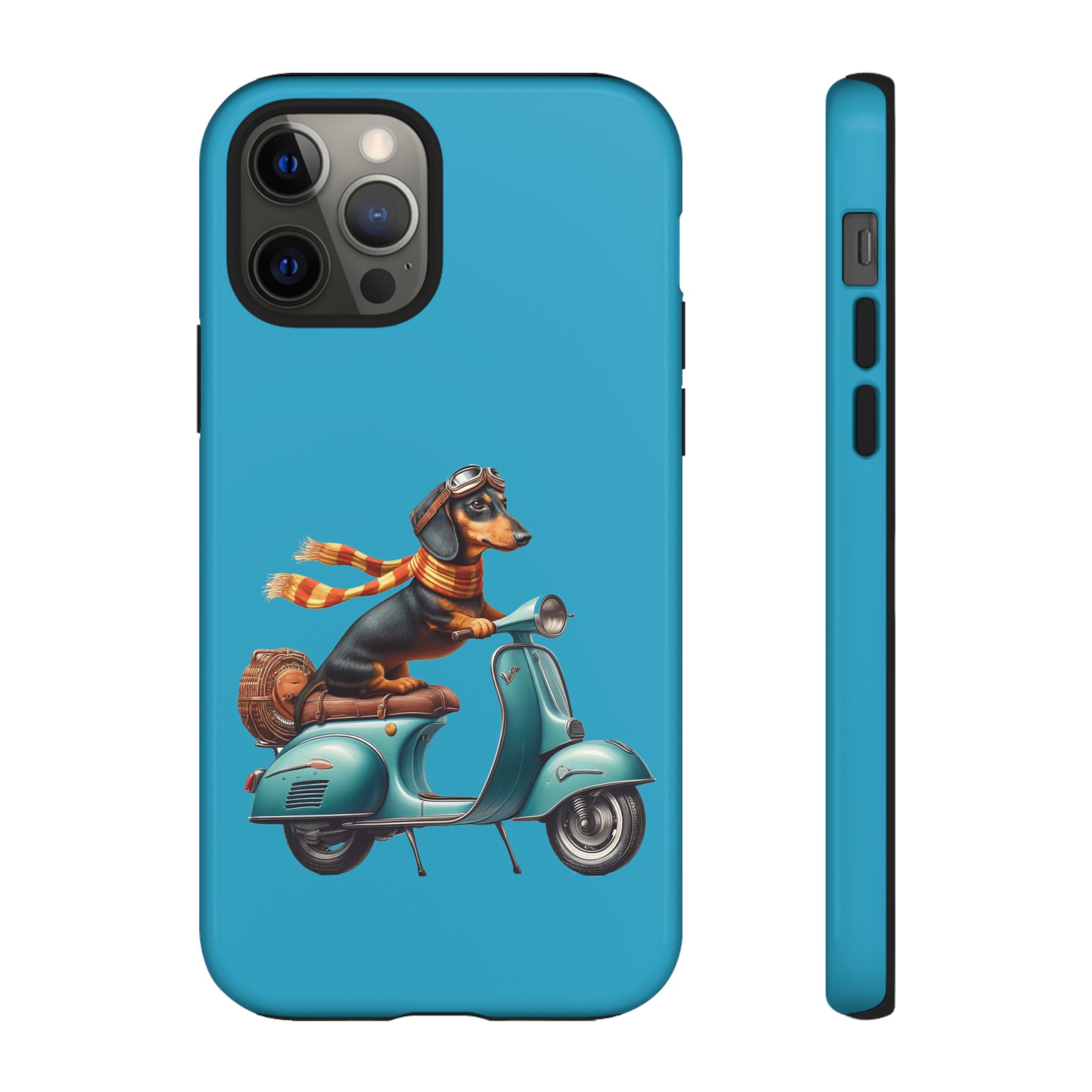 Phone case featuring a dachshund wearing goggles and a scarf riding a blue scooter.