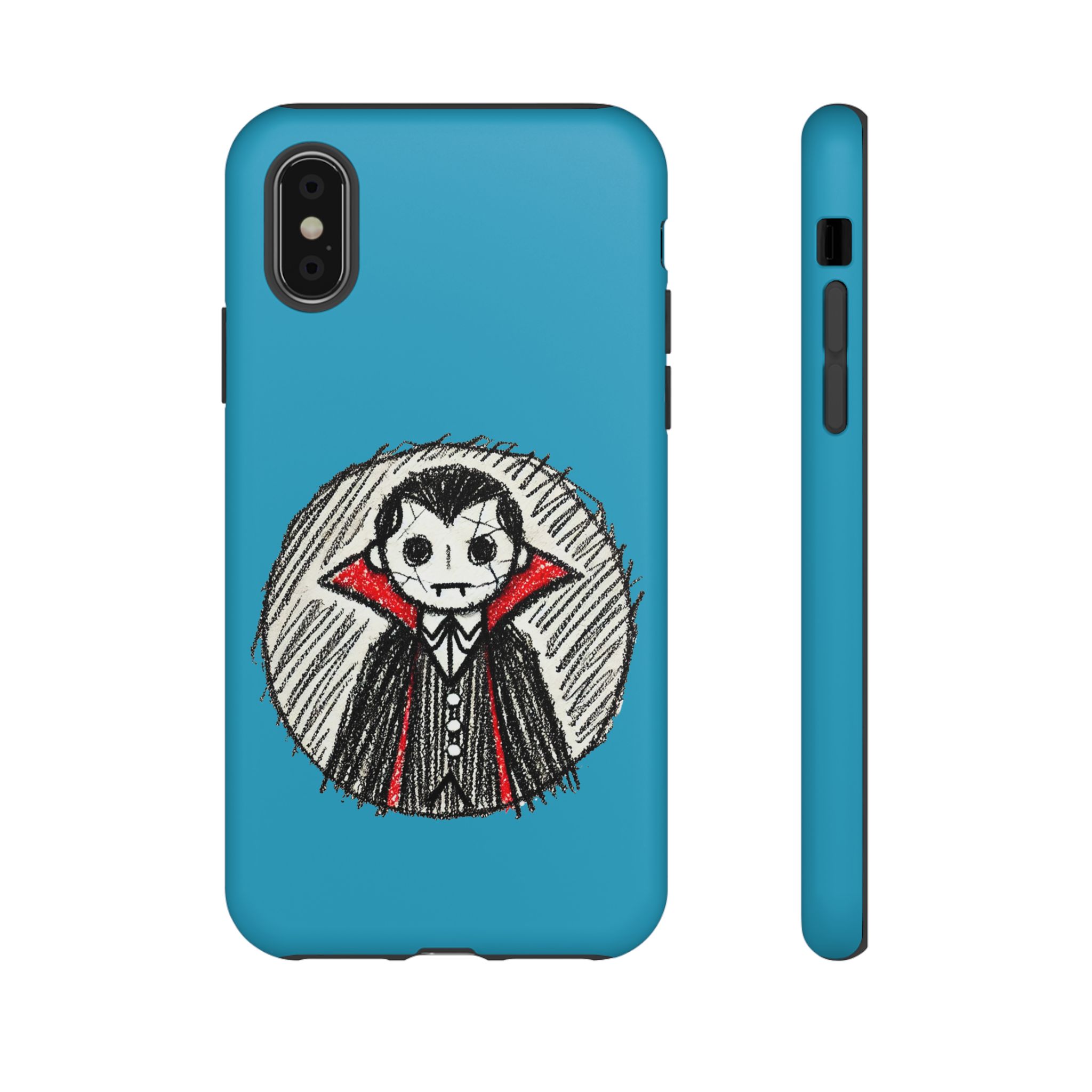 Blue phone case featuring a cartoon vampire character with a red cape and black suit.