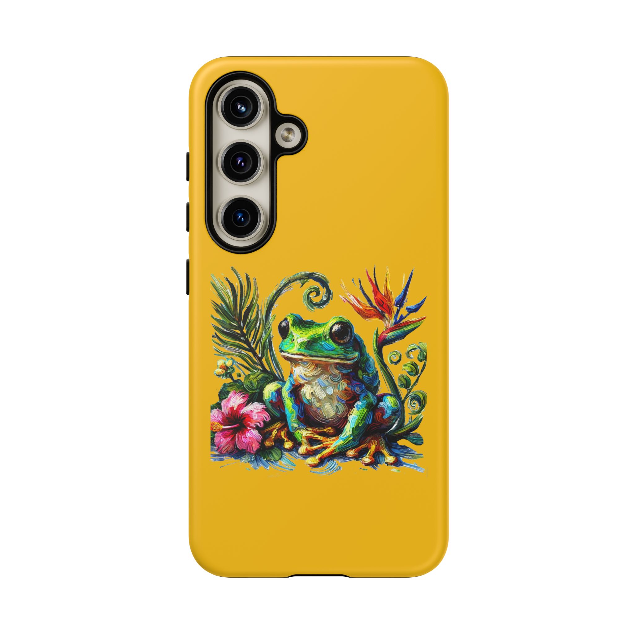 Yellow phone case featuring a colorful frog design with tropical plants and flowers.