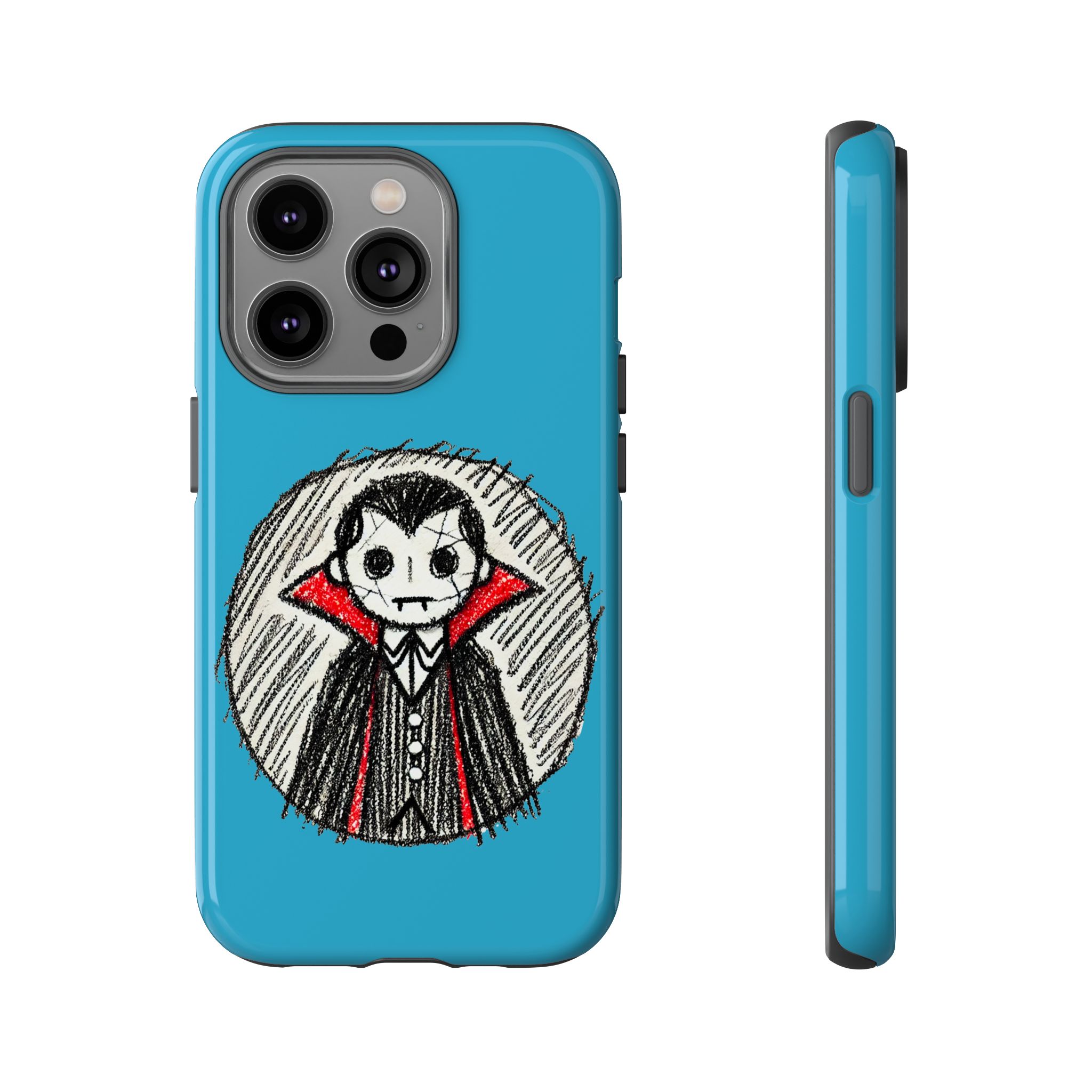 Phone case featuring a vampire character with a blue background and a circular sketch design.