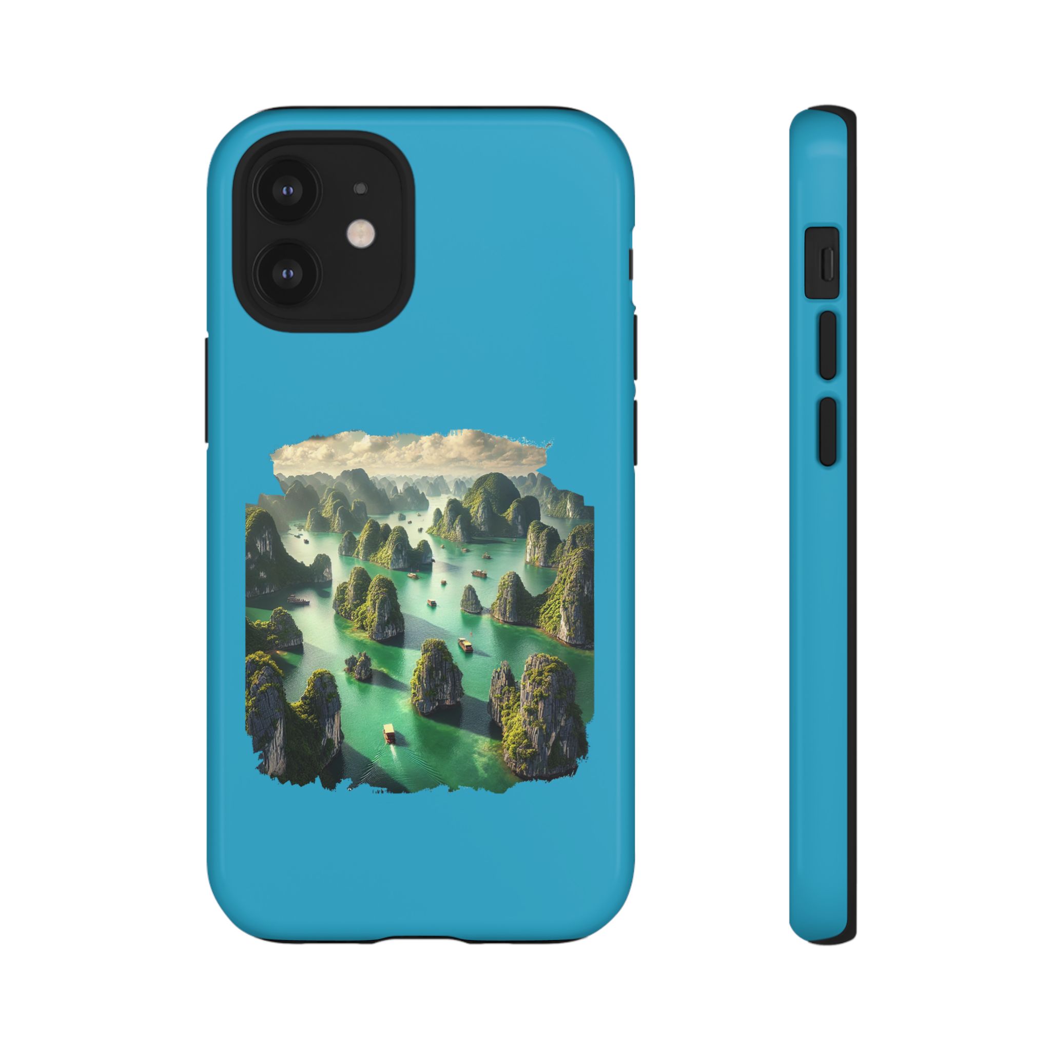 Blue phone case featuring a landscape design with mountains and water.
