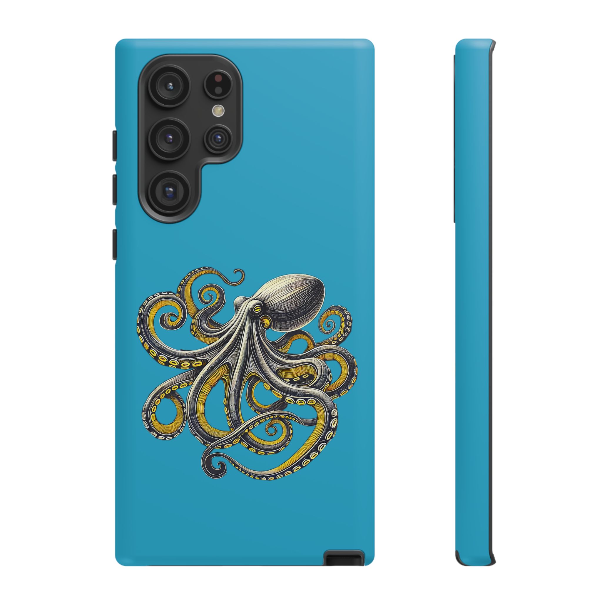 Phone case with a blue background and an octopus illustration in the center.