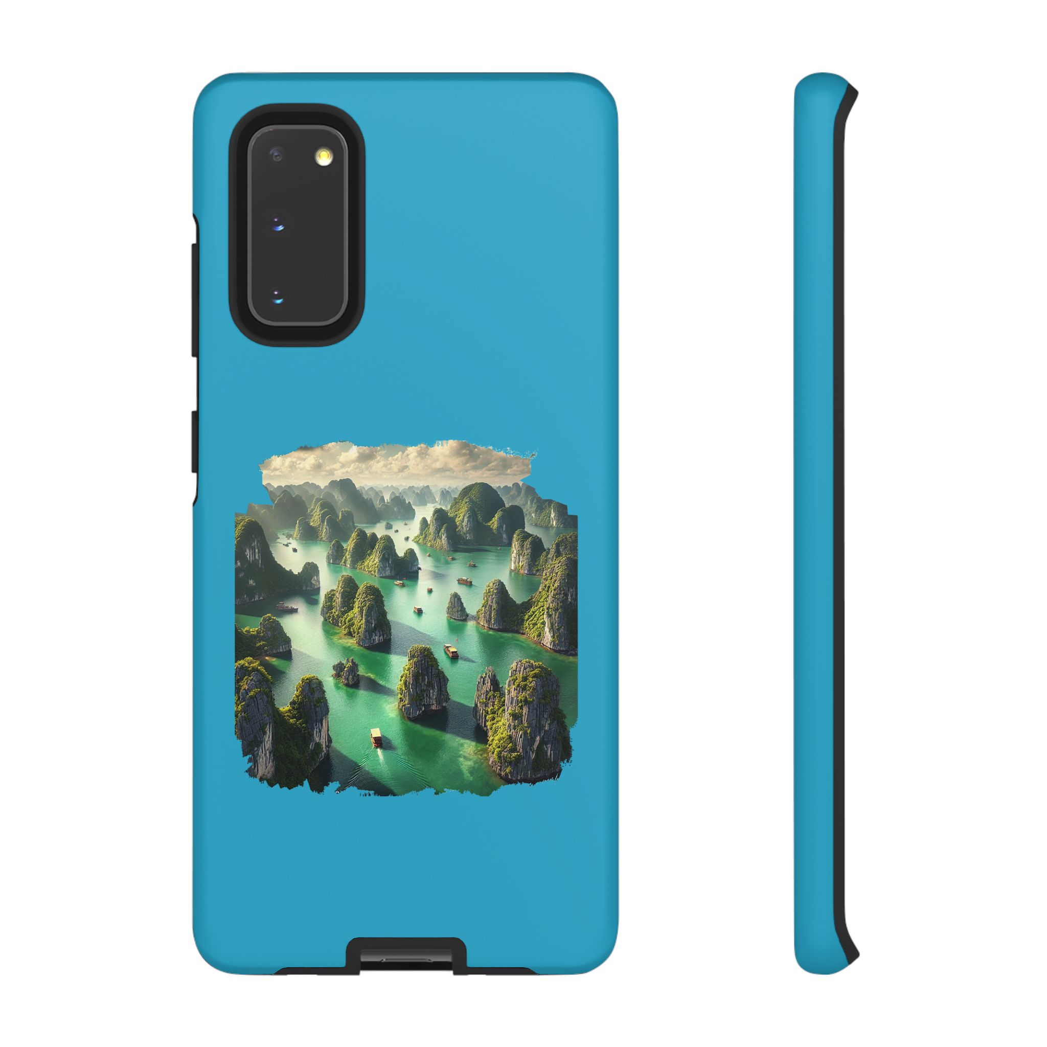 Blue phone case featuring a landscape design with islands and boats on a green body of water.