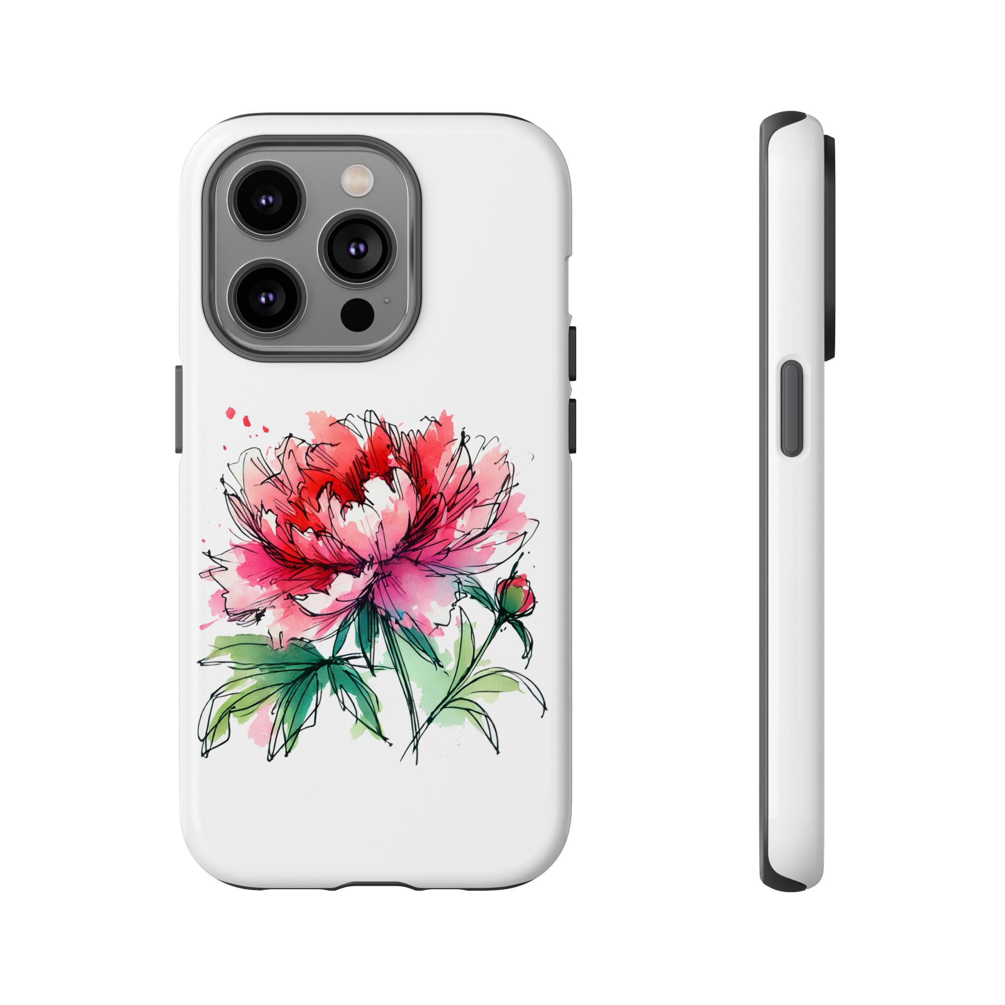iPhone case featuring a hand-drawn peony flower design in pink and green colors.