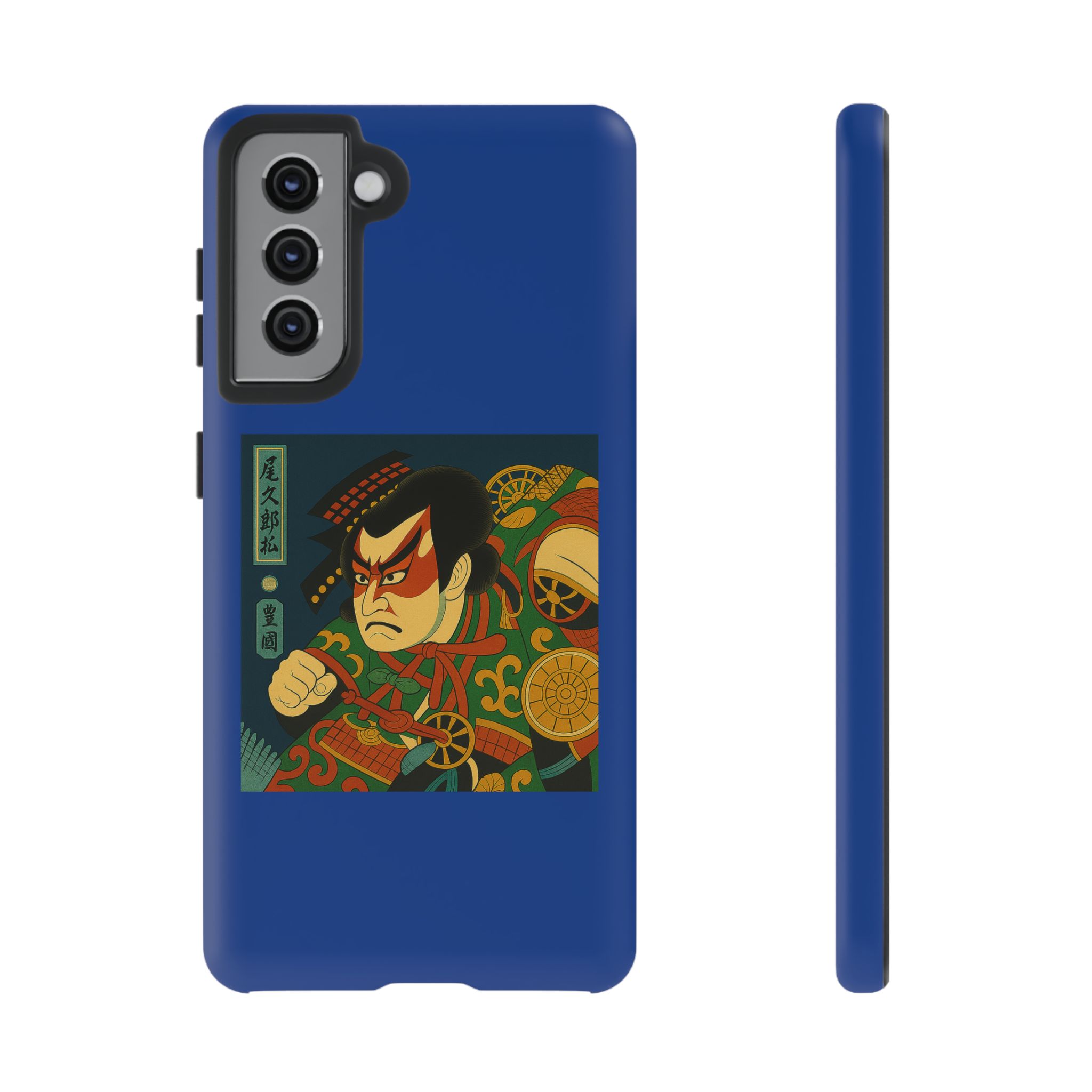 Blue phone case featuring a samurai design with vibrant colors and intricate details.