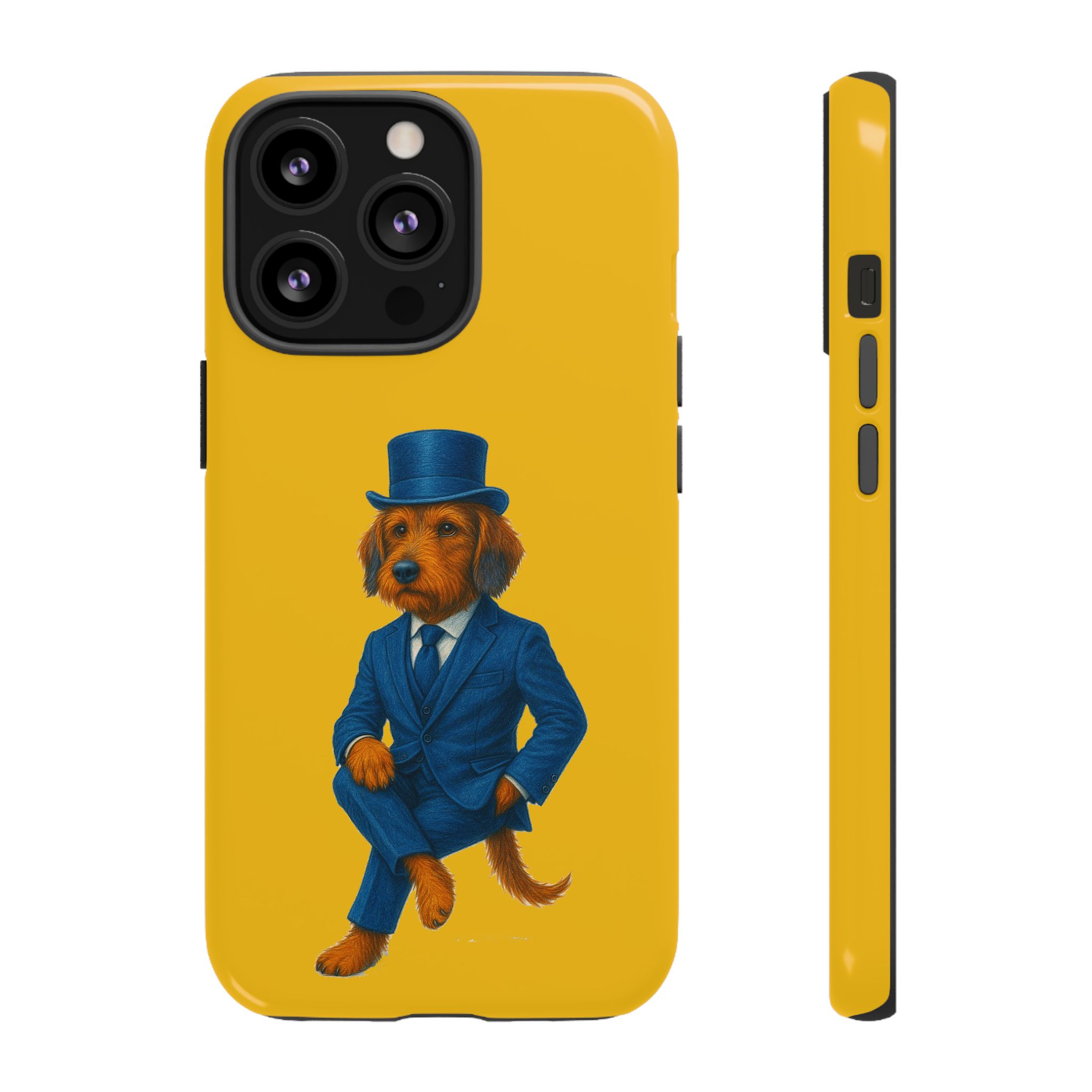 Phone case featuring a dog wearing a blue suit and top hat against a yellow background.