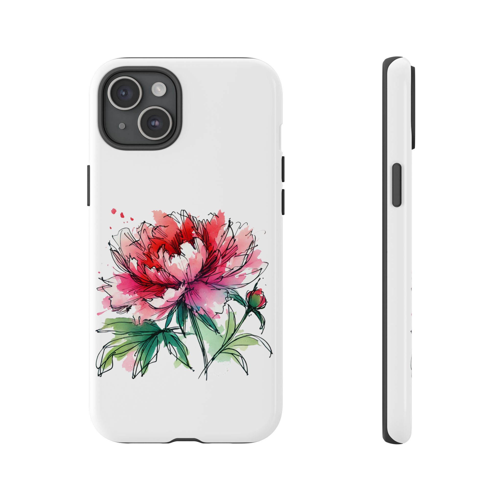 Phone case featuring a hand-drawn peony flower design in vibrant colors.