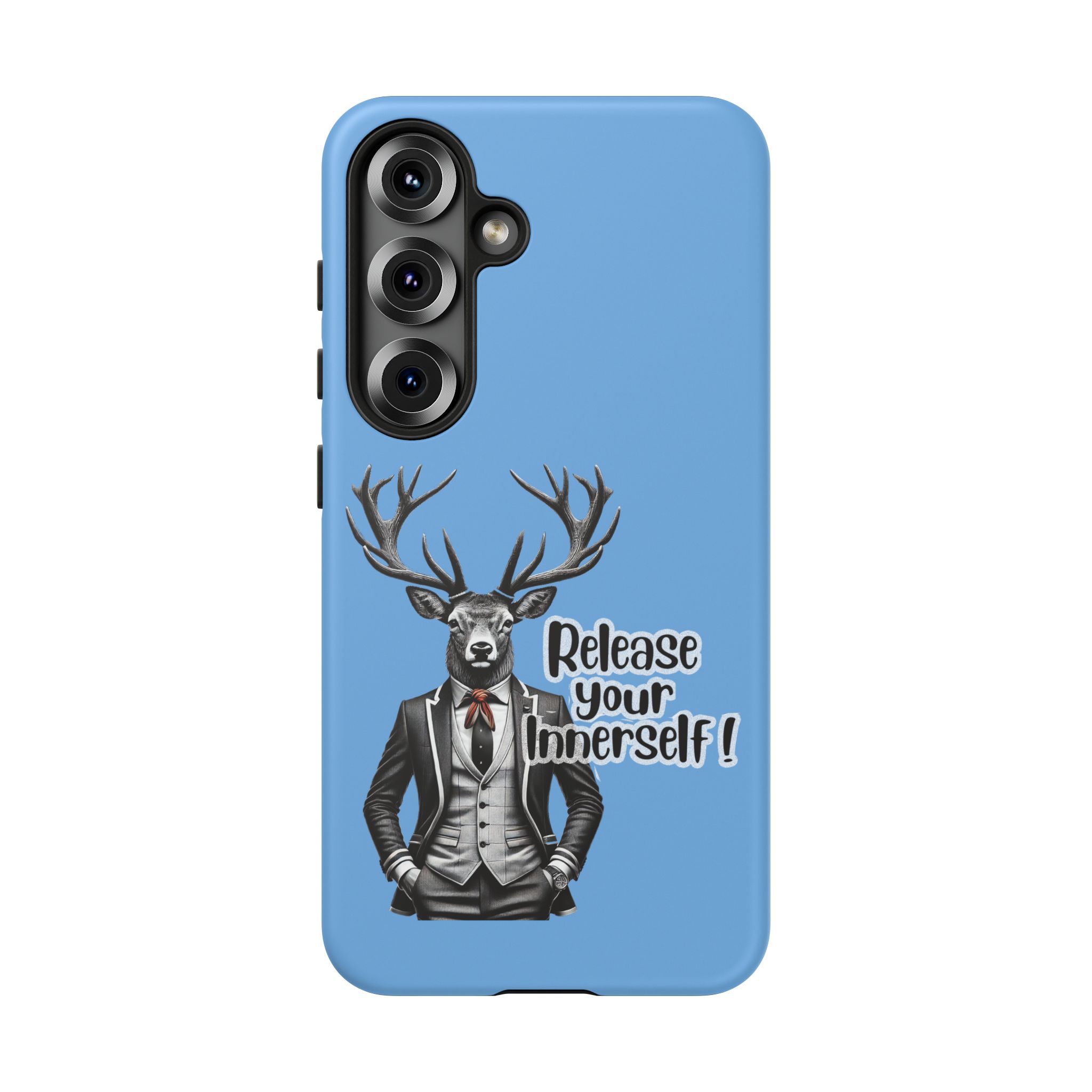 Phone case featuring a deer in a suit with the text 'Release your InnerSelf!' on a blue background.