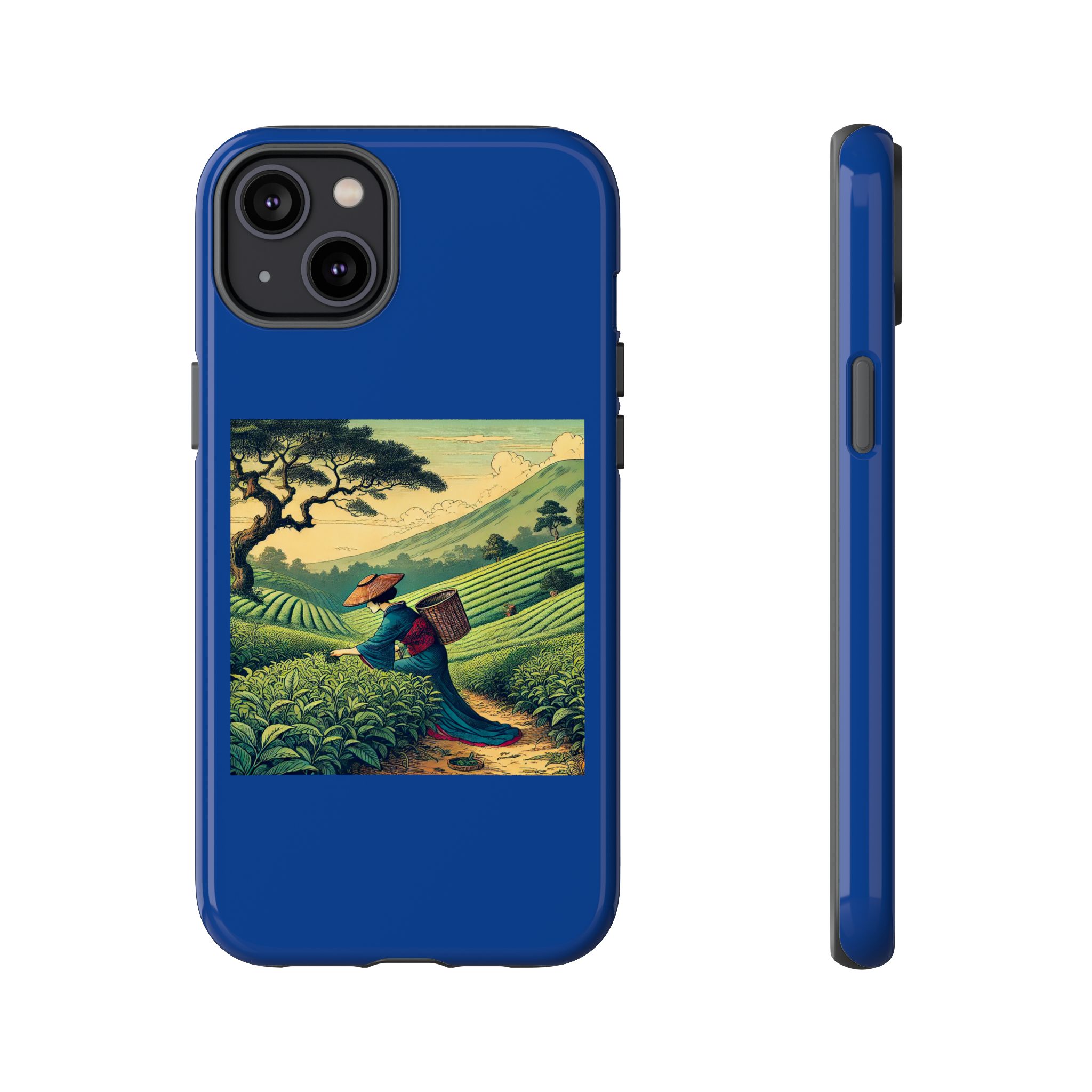 Blue phone case featuring a landscape design with a figure carrying a basket in a green field.