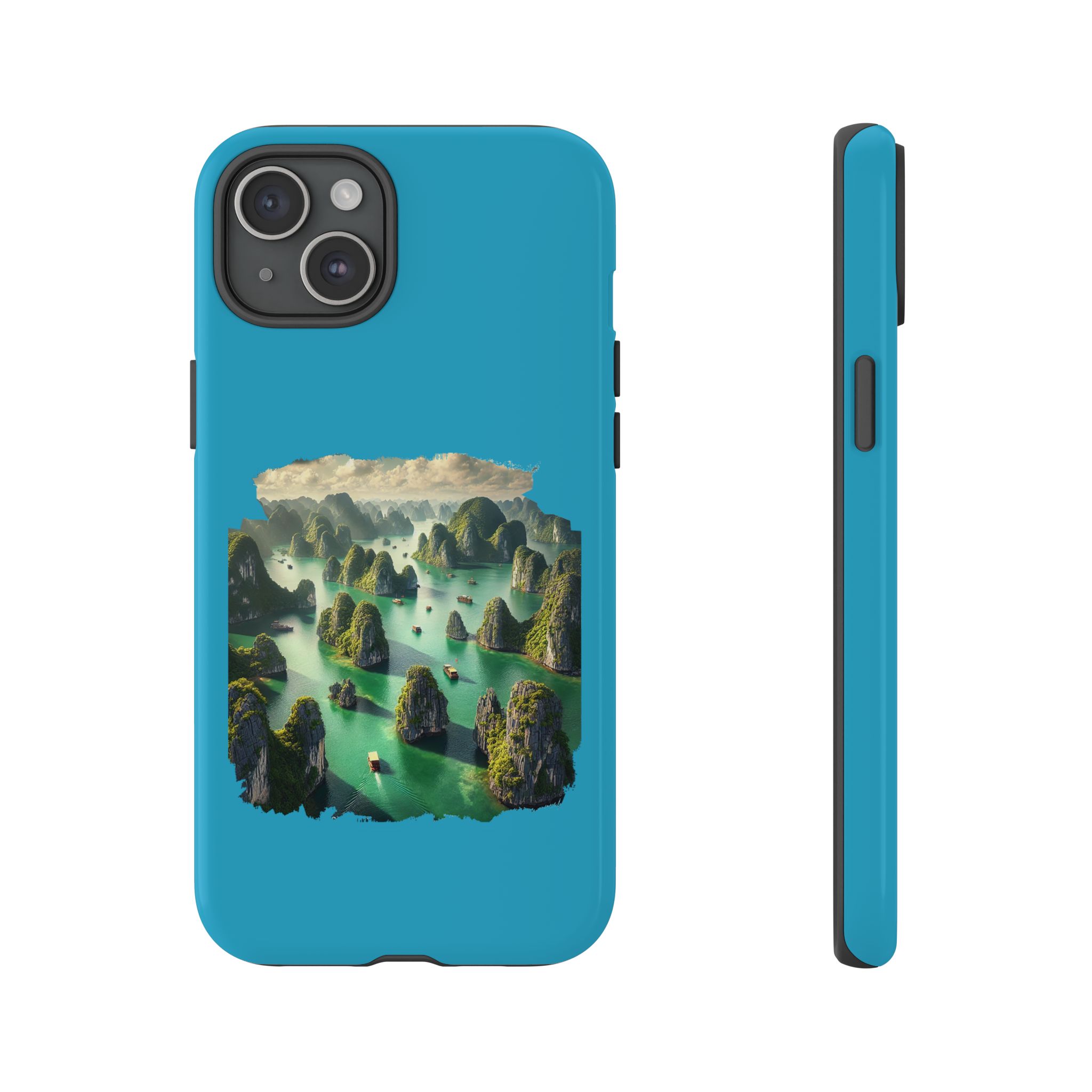 Phone case featuring a scenic landscape with mountains and boats on a turquoise background.