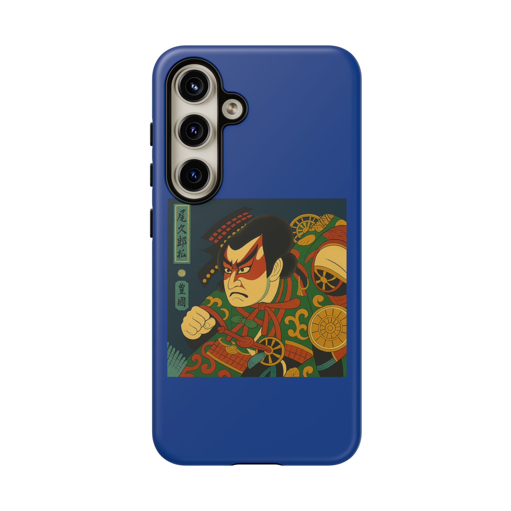 Blue phone case featuring traditional Japanese artwork of a character with a fierce expression and colorful background.