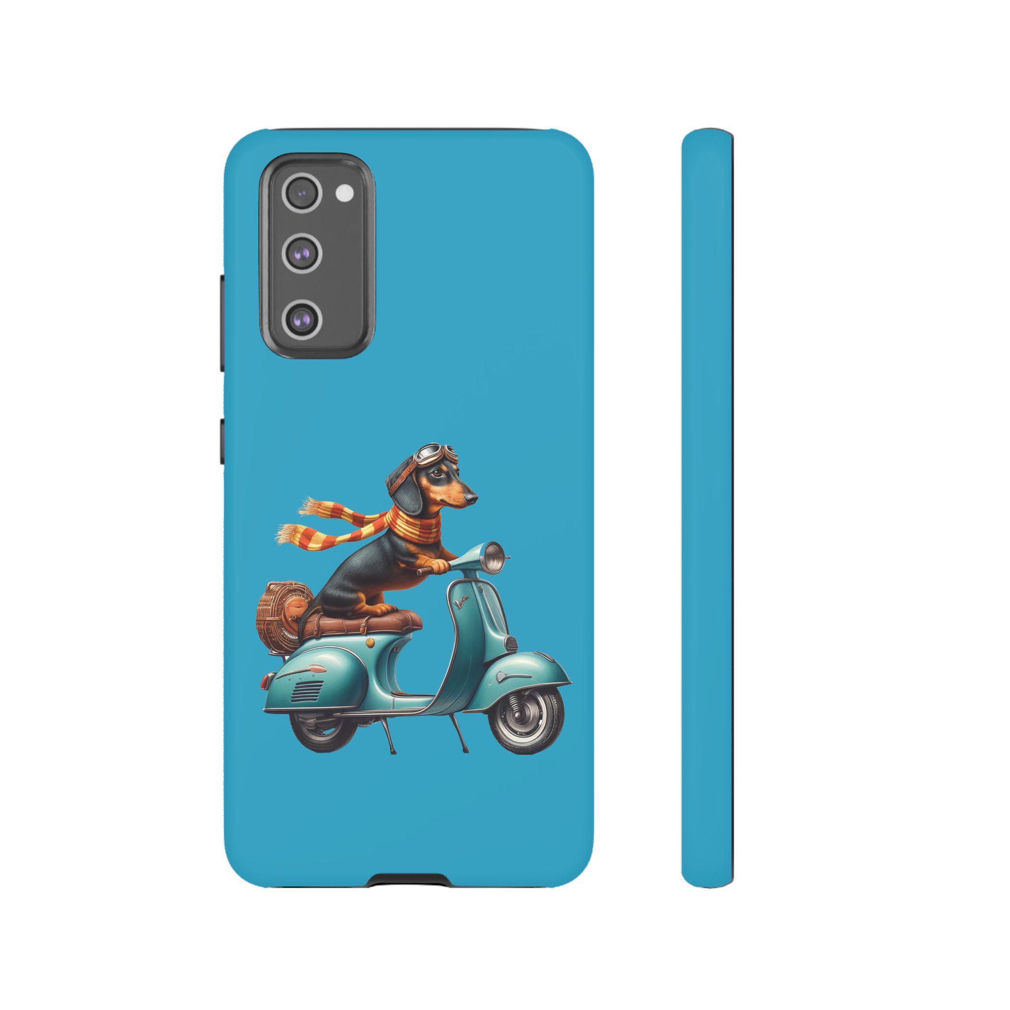 A dachshund wearing a scarf riding a vintage scooter on a blue background.