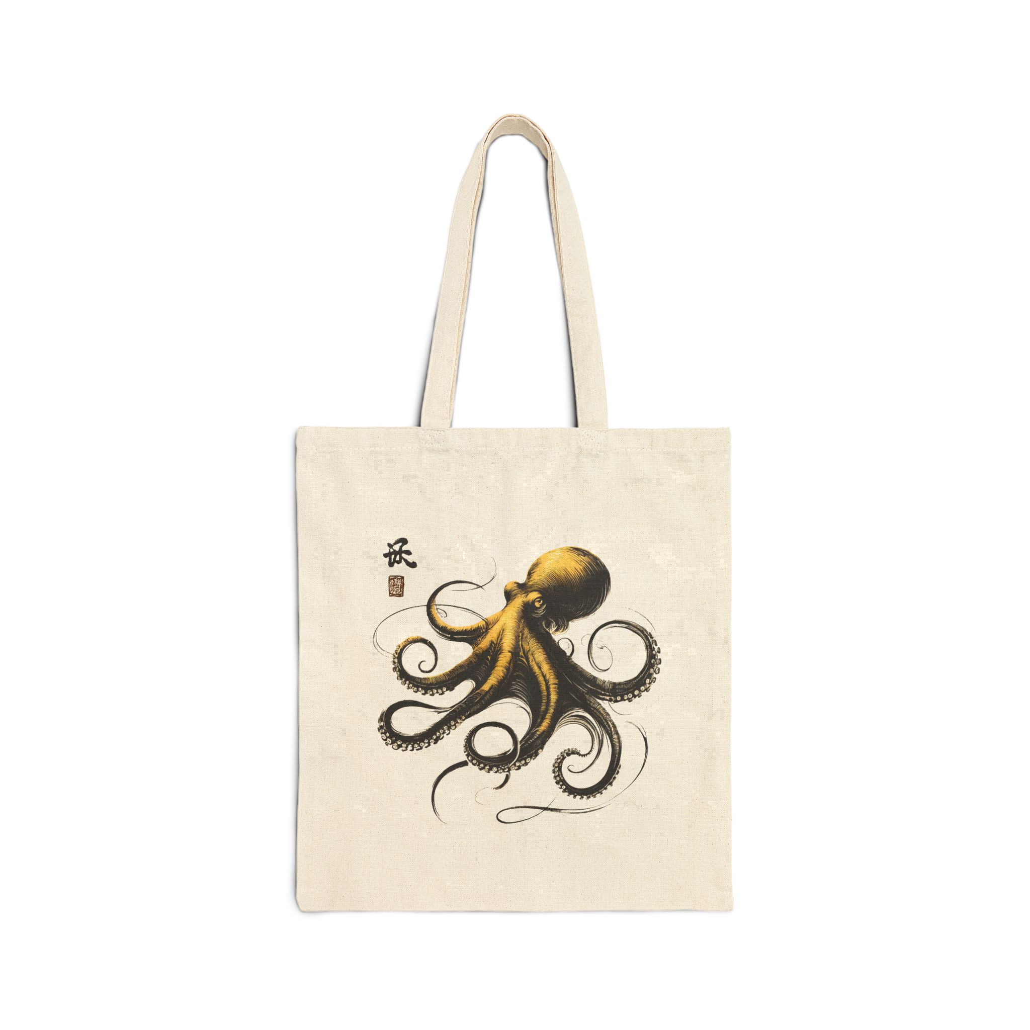 Octopus Canvas tote bag Calligraphy cute tote bag vintage bag gift for her Cool Japanese design ethical shoulder bag japan print