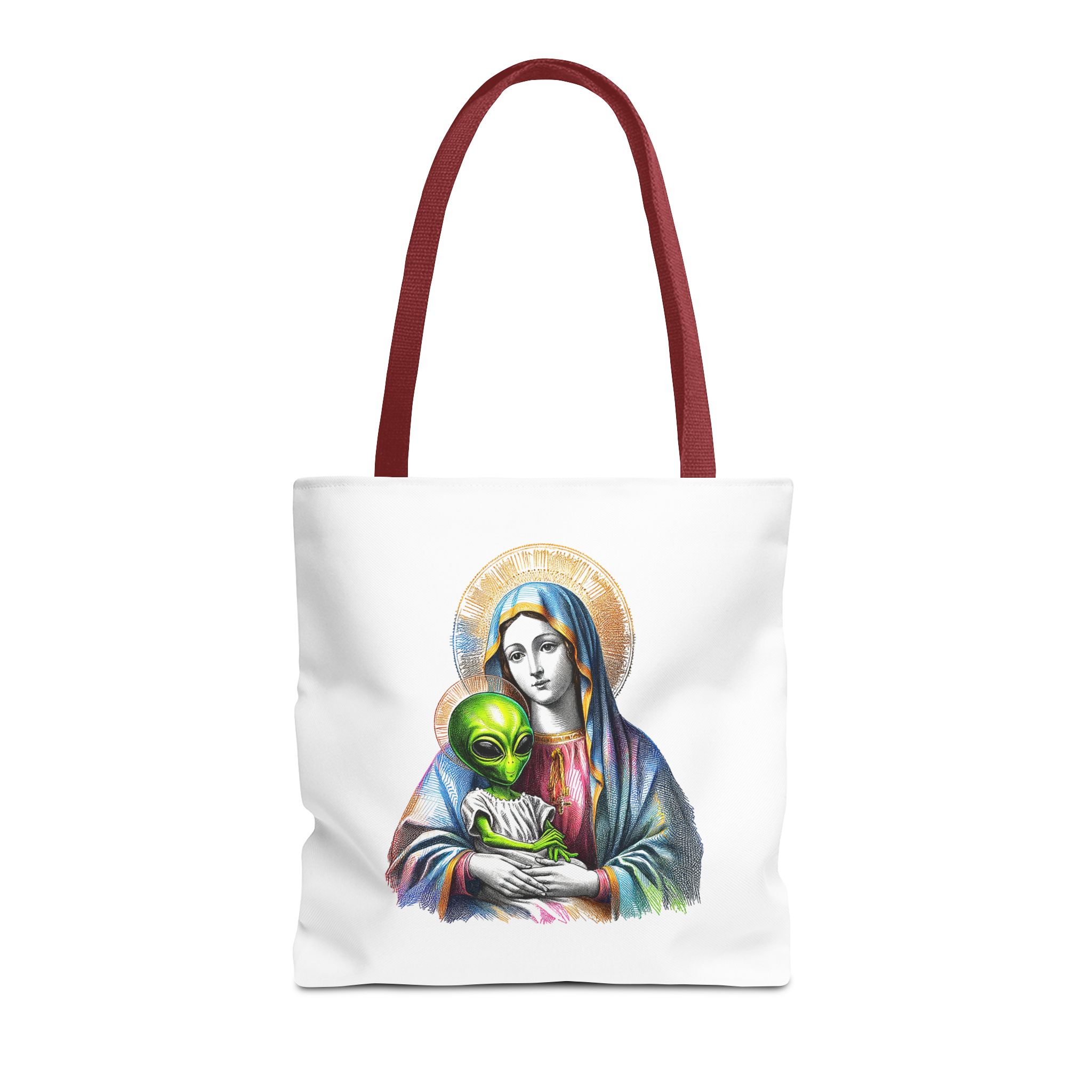 Satiric cute tote bag Boho shoulder bag Alien virgin mary retro shoulder bag fun gift religious design purse unique handbag – Image 9