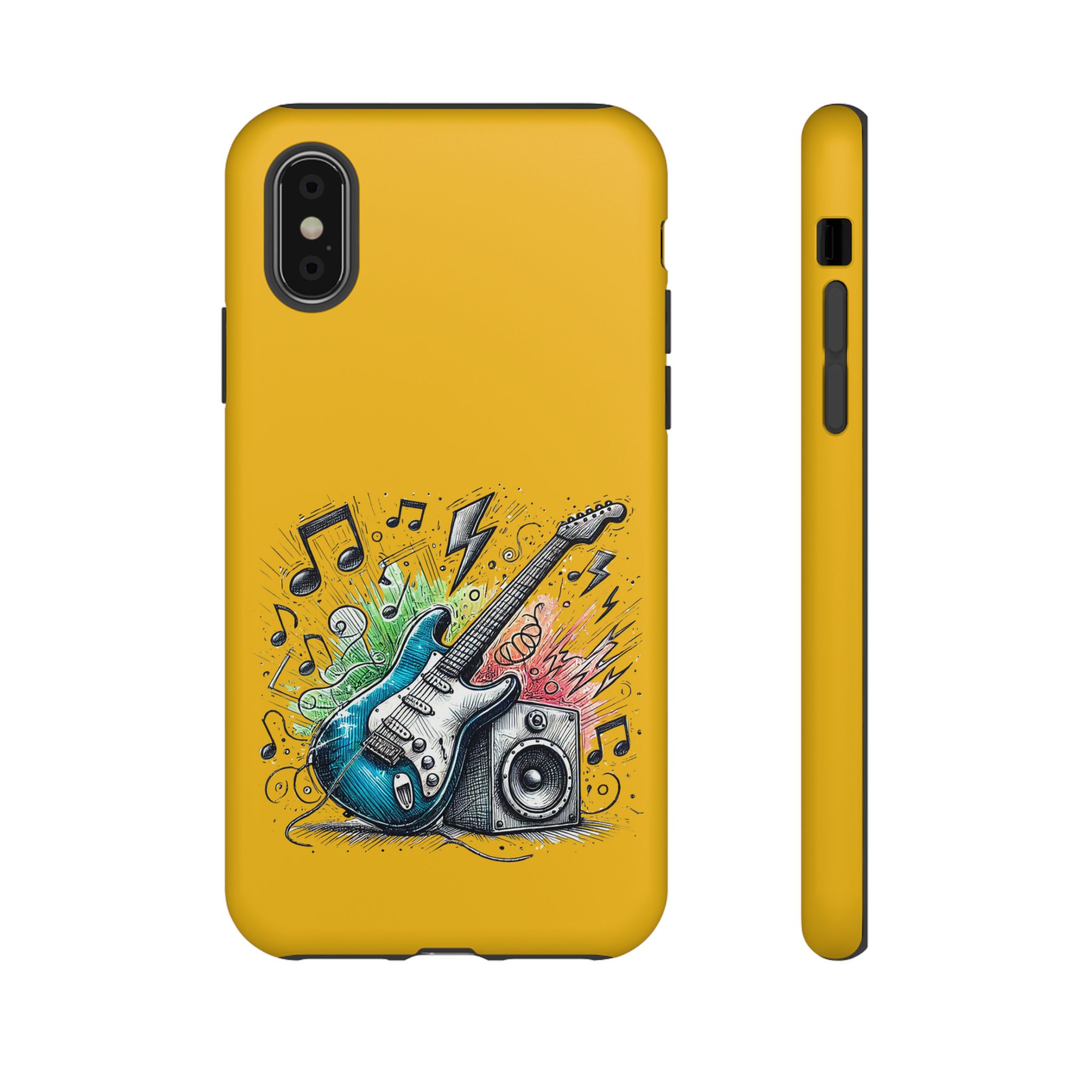 Yellow phone case featuring a blue electric guitar and musical notes design.