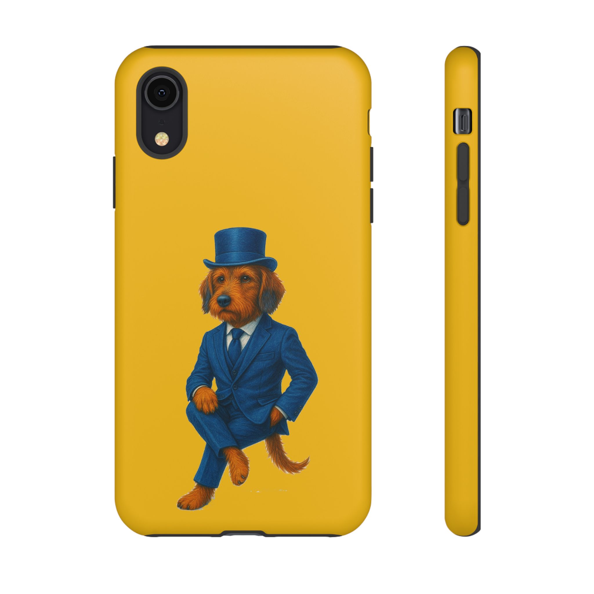 Phone case featuring a dog wearing a blue suit and top hat against a yellow background.