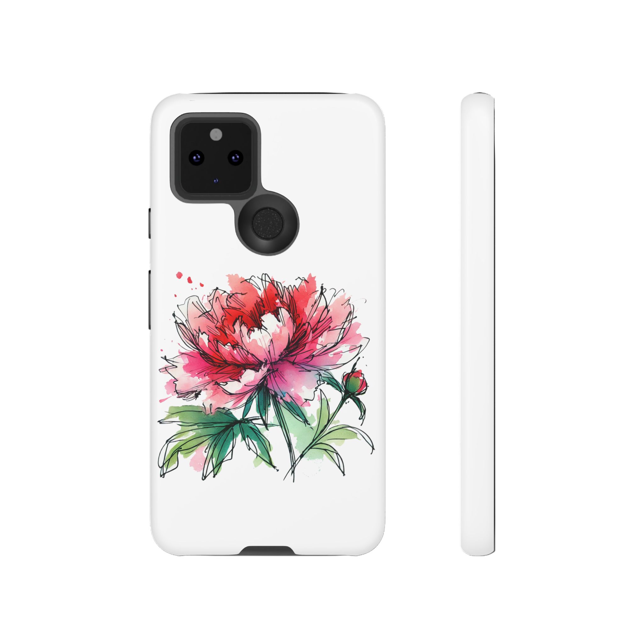 Phone case featuring a colorful peony flower illustration on a white background.