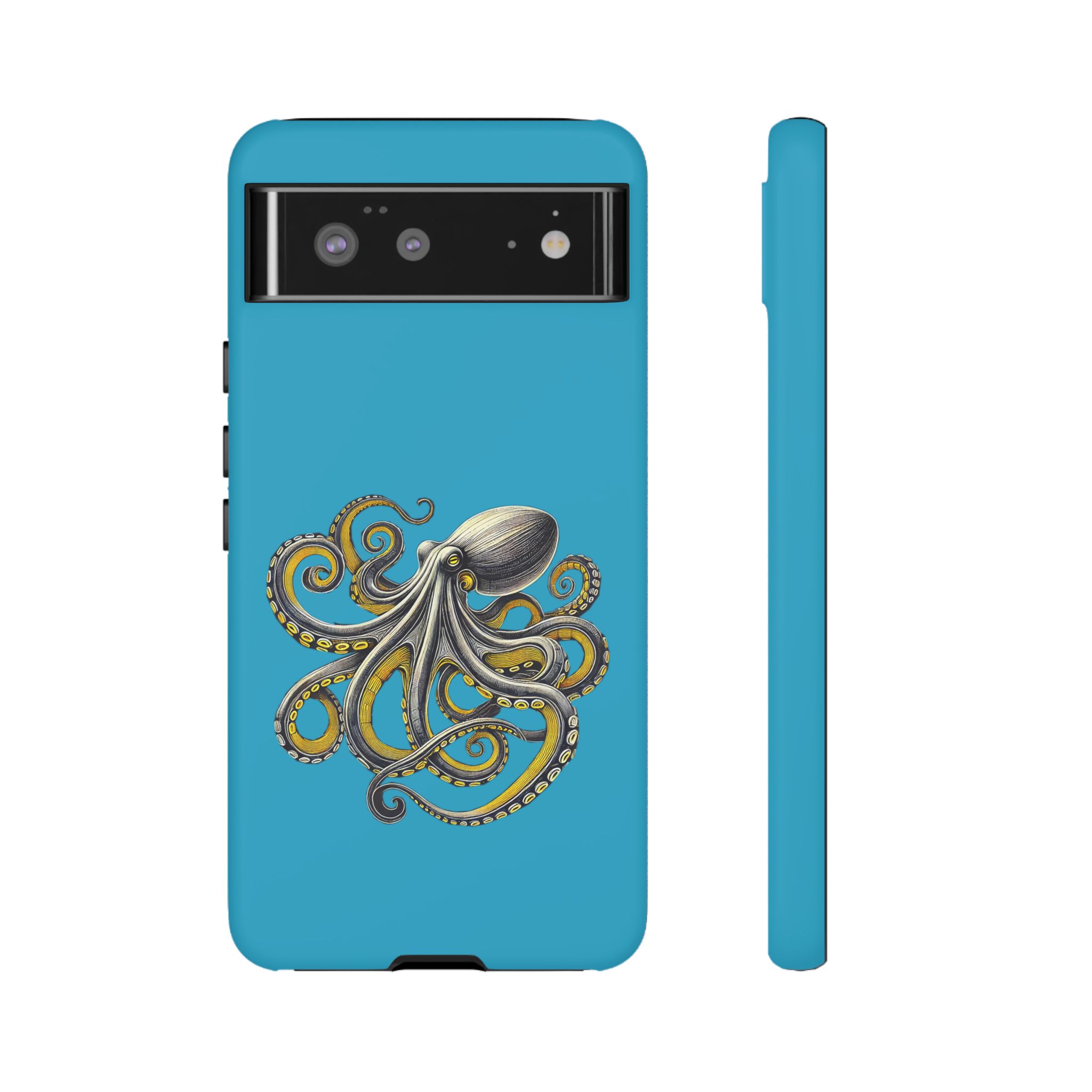 Phone case with a blue background featuring an illustrated octopus design.