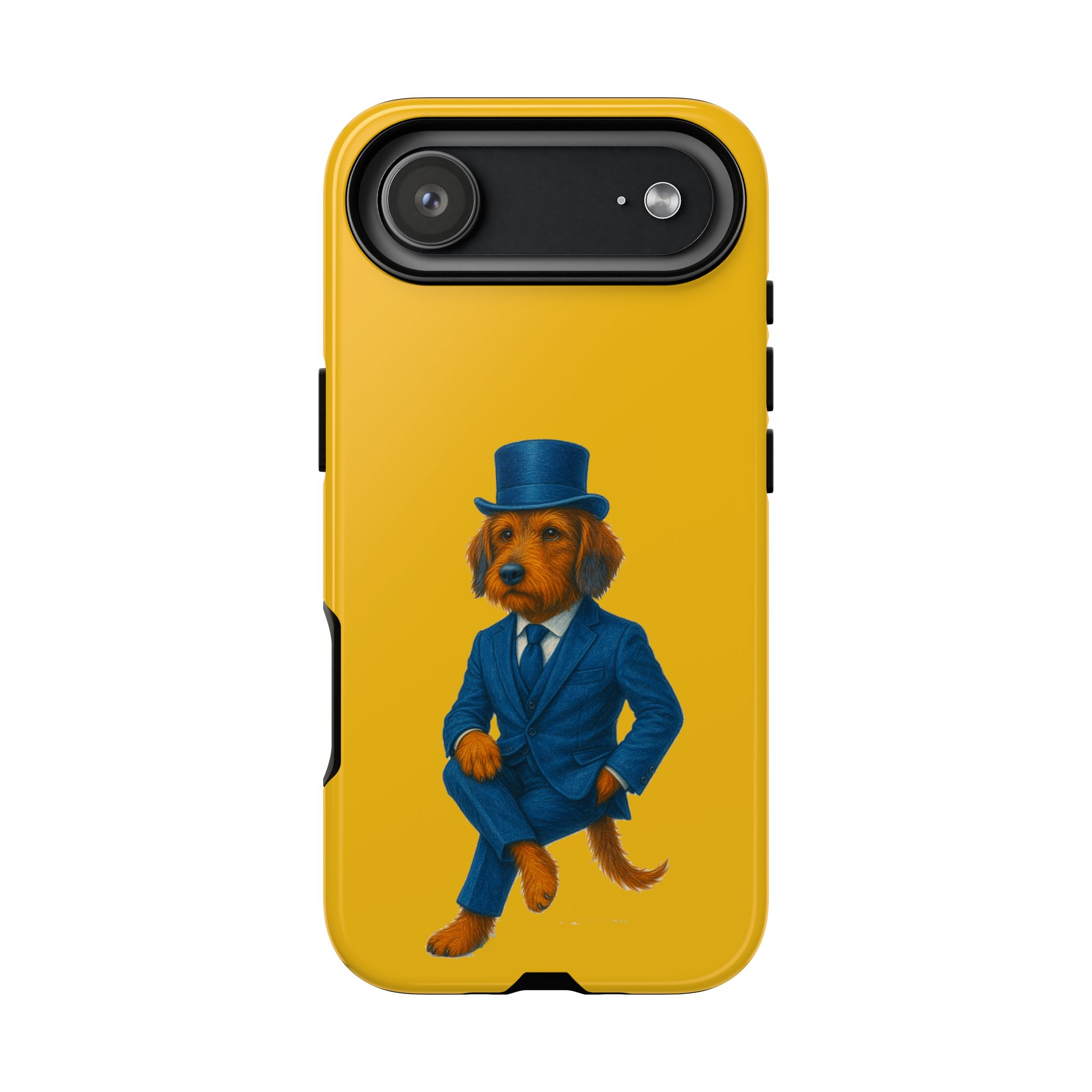 Illustration of a dog wearing a blue suit and a top hat against a yellow background.