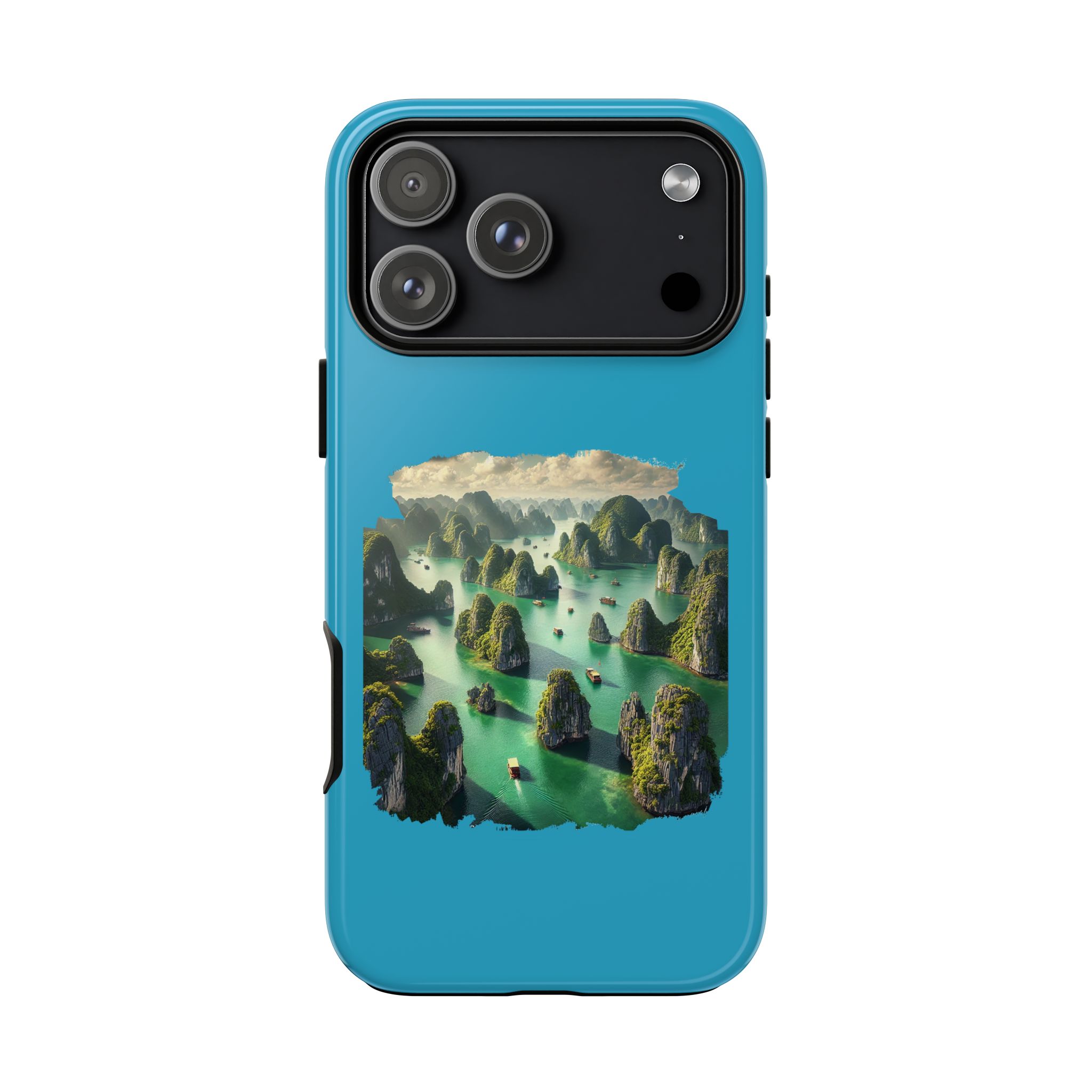 Phone case featuring a scenic landscape design with green islands and boats on water.