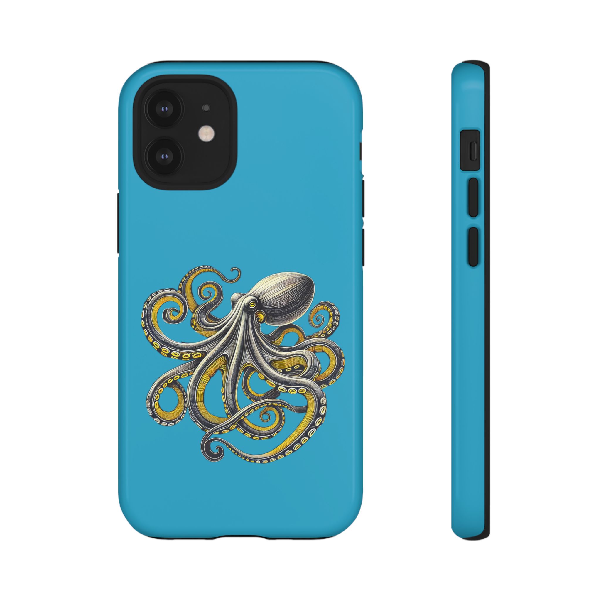 Blue phone case featuring an illustrated octopus with detailed tentacles and a silver body.
