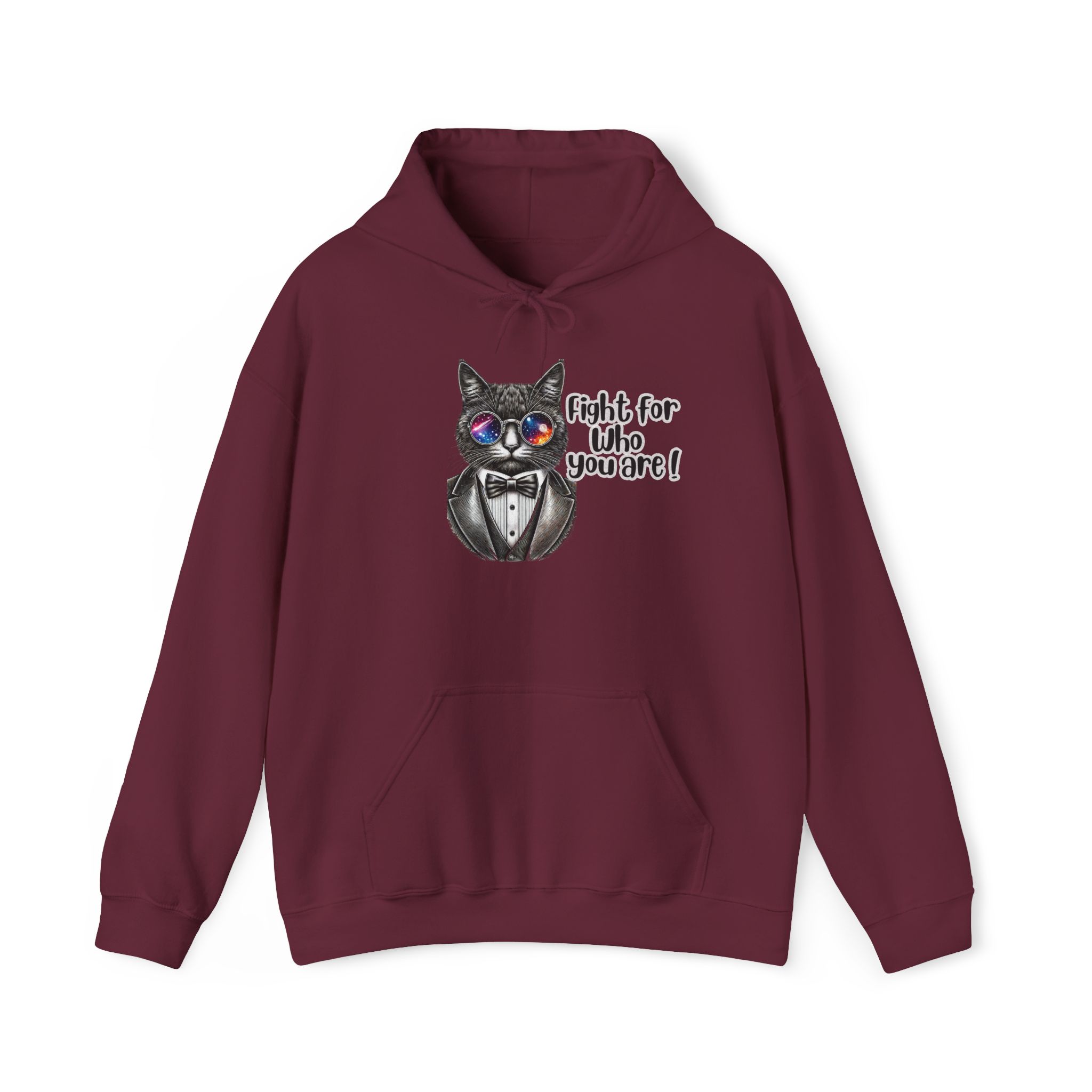Maroon hoodie featuring a cat in a tuxedo with colorful glasses and the text 'Fight for who you are!'