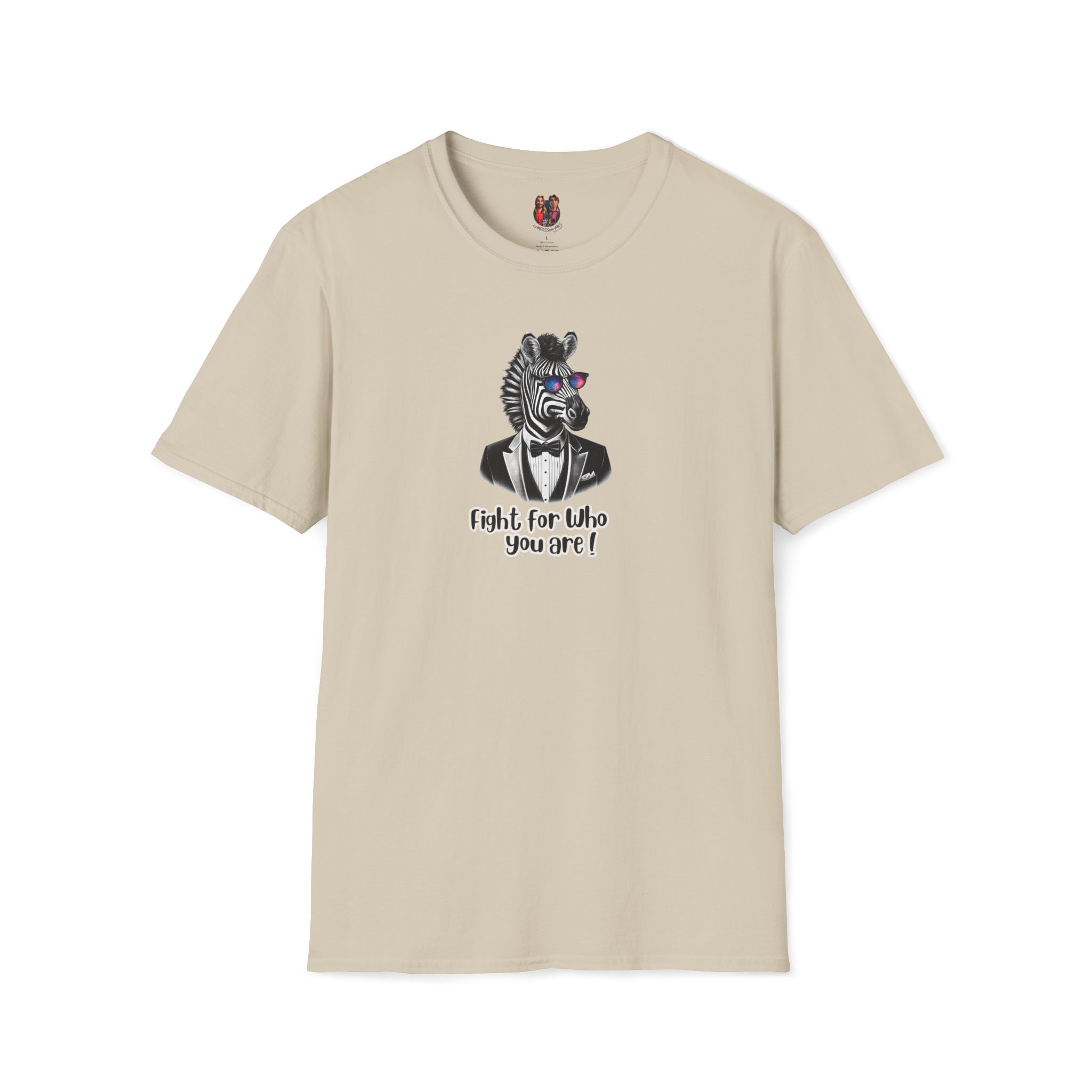 Beige t-shirt featuring a zebra wearing sunglasses and the text 'Fight for Who you are!' printed on the front.