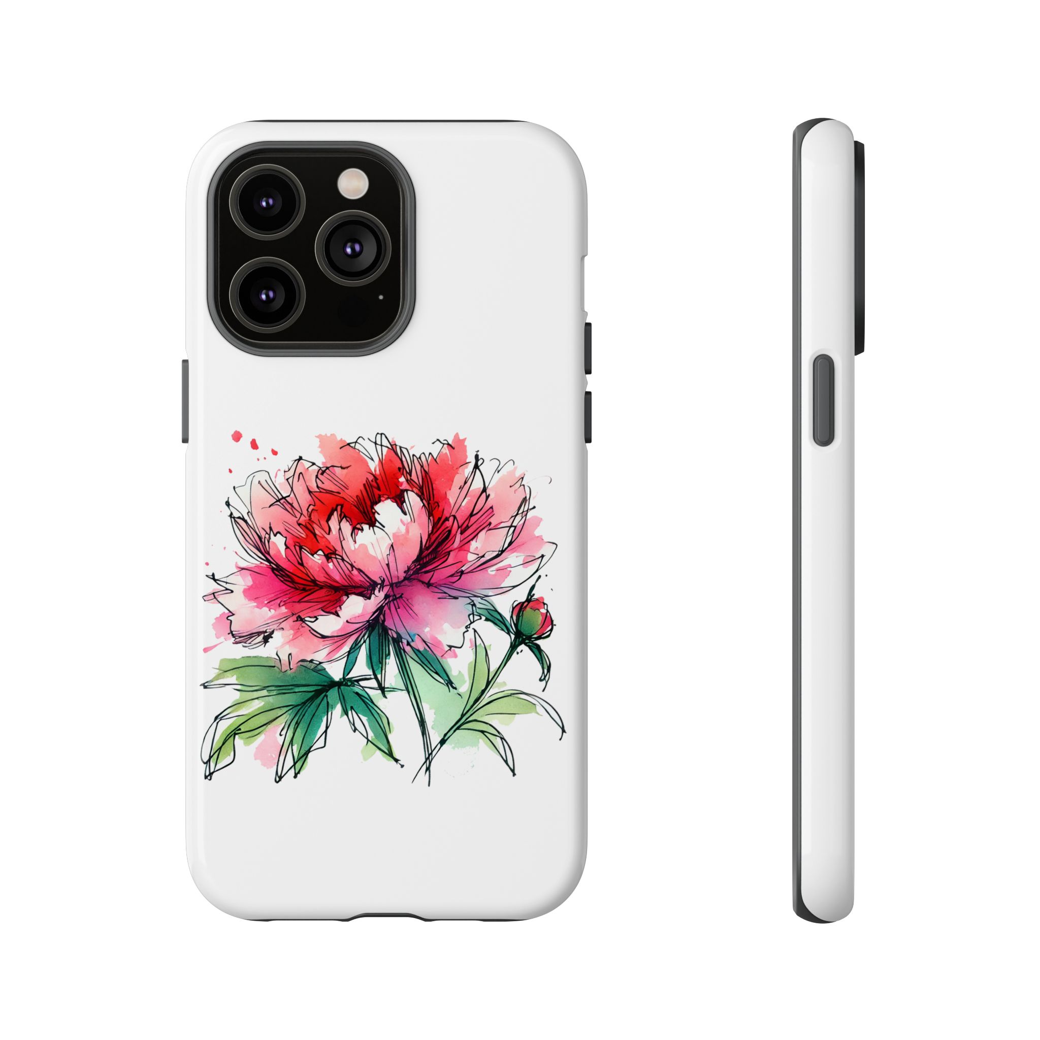 iPhone case featuring a hand-drawn peony flower design in pink and green colors.