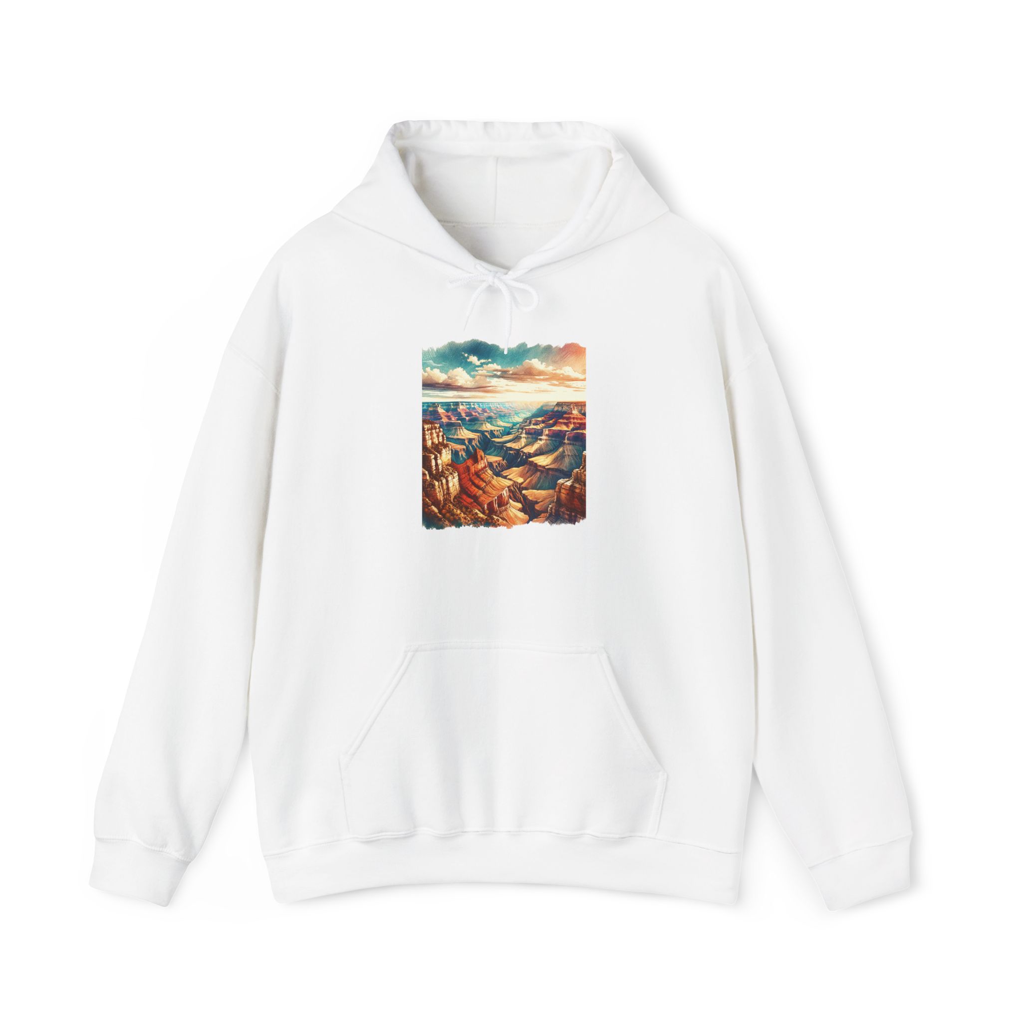 White hoodie featuring a graphic of the Grand Canyon landscape at sunset.