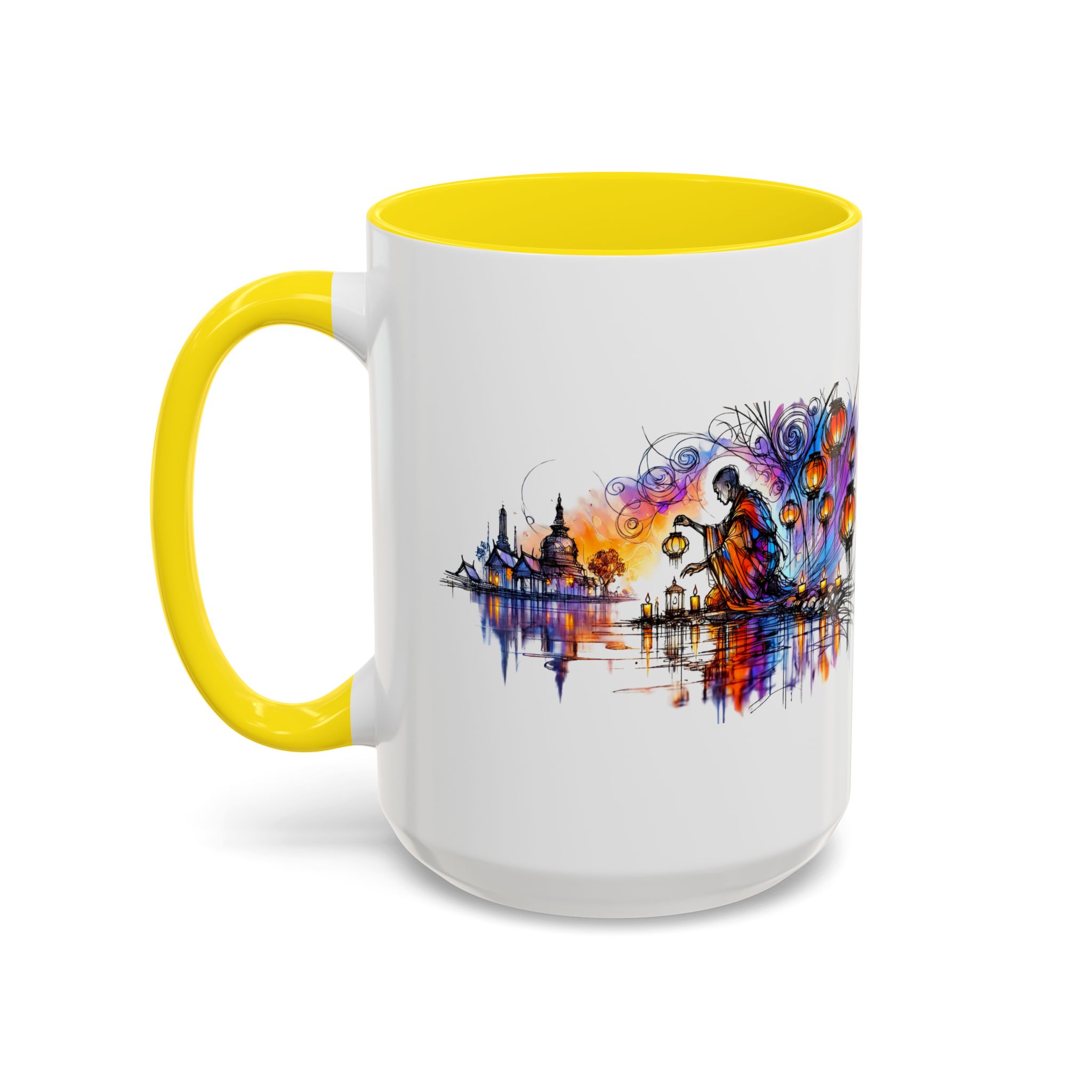 Mug with a vibrant design featuring a figure and colorful patterns against a reflective background.