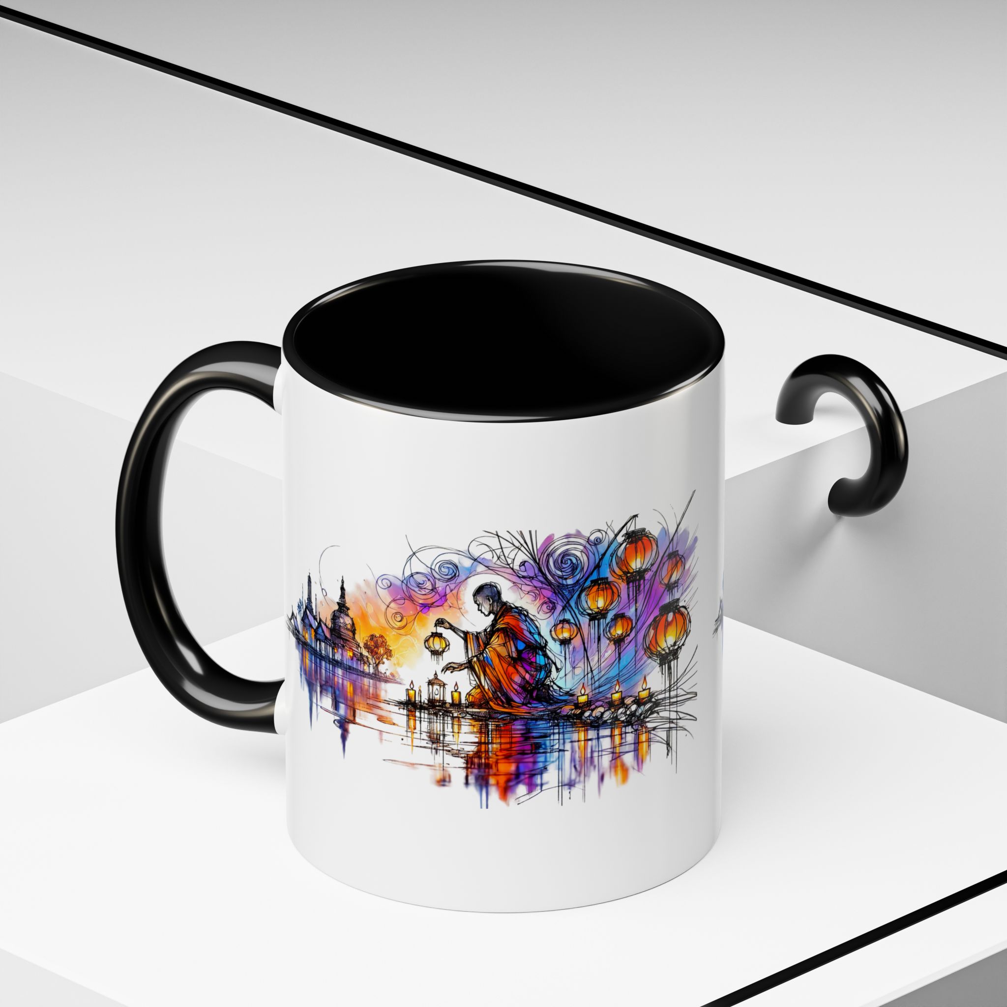 White mug with a colorful artistic design featuring a figure and lanterns by a water scene.