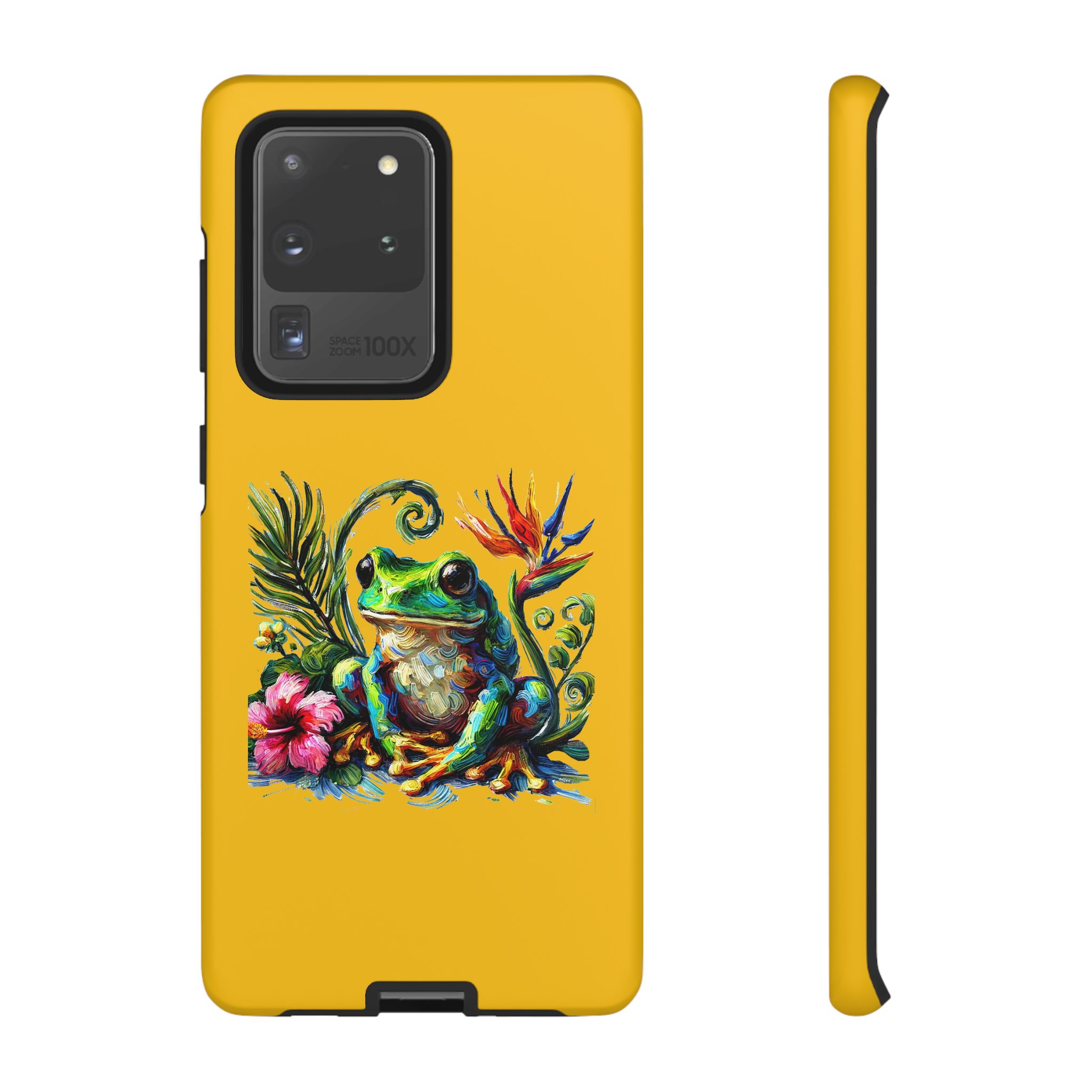 Yellow phone case featuring a colorful frog design with tropical flowers and leaves.