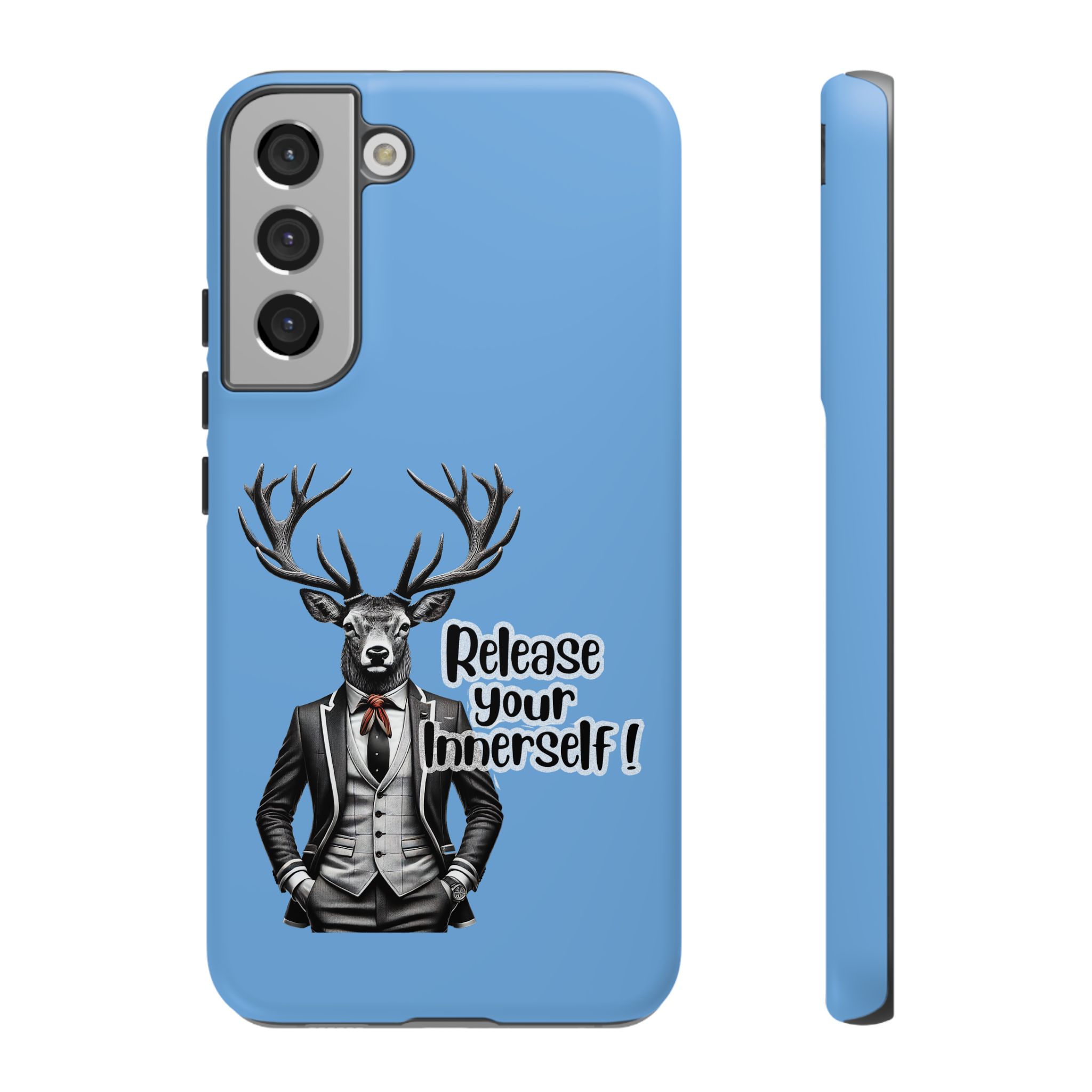 Blue phone case featuring a deer in a suit with the text 'Release your Inner Self'.