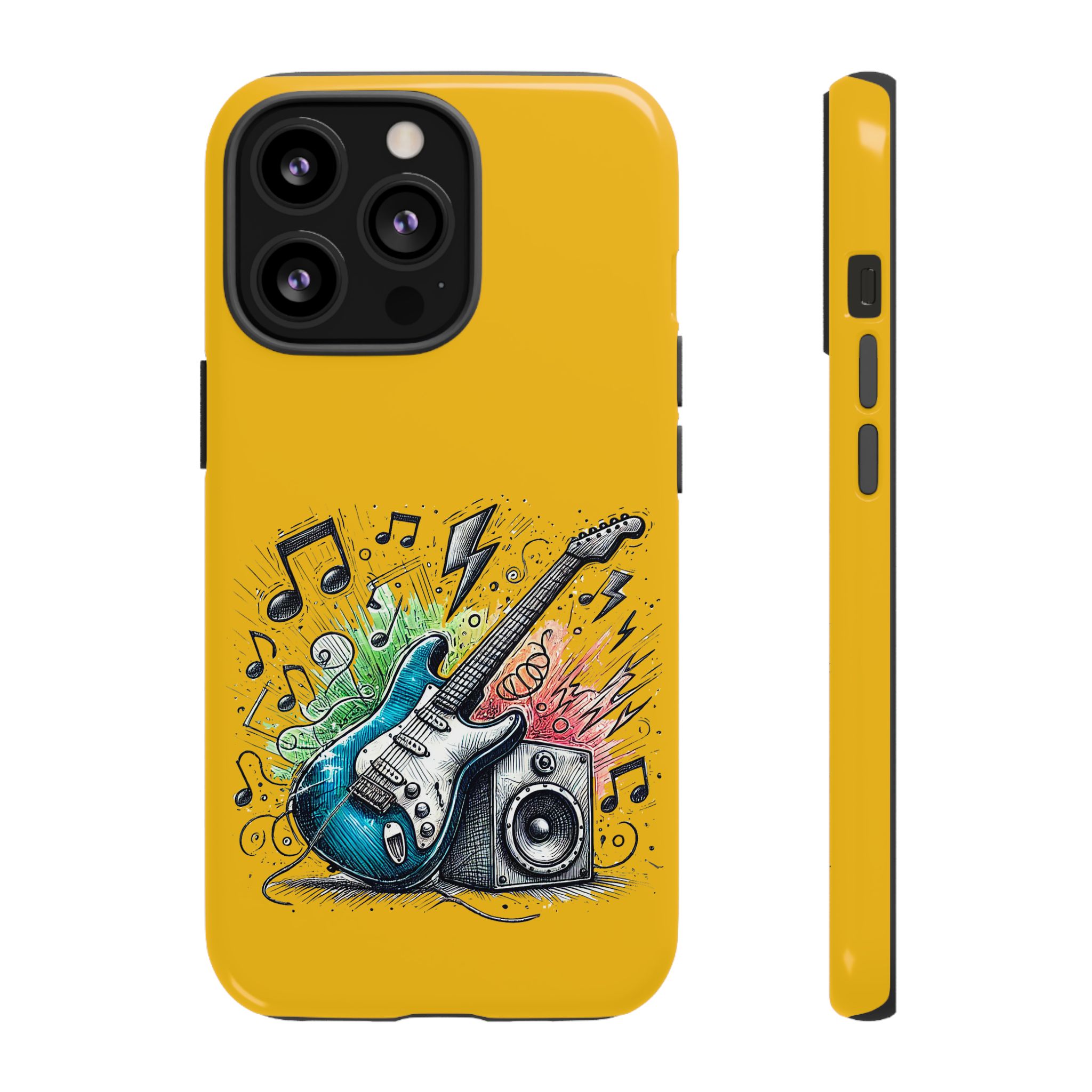 Phone case design featuring a blue electric guitar, speaker, and musical notes on a yellow background.