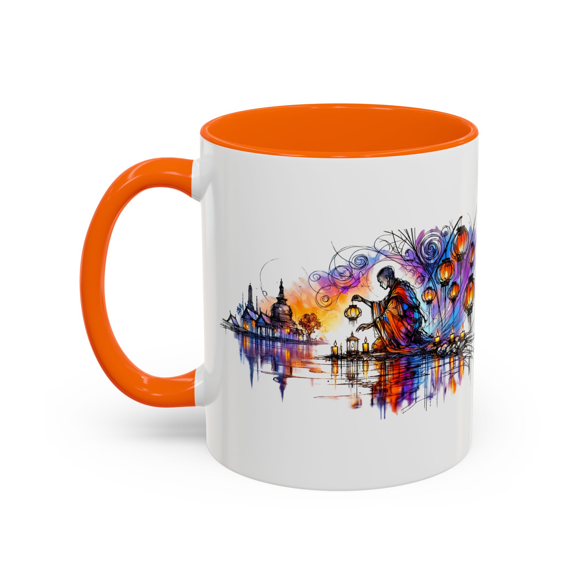 White mug with an orange handle featuring an artistic design of a figure by a river with colorful flowers.
