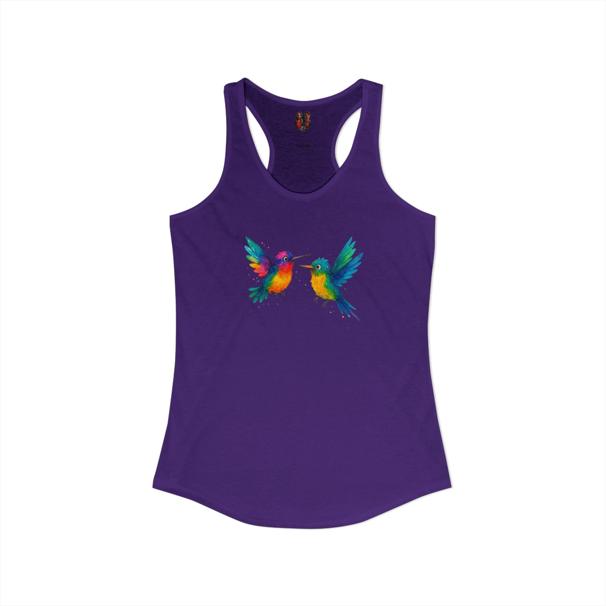 Purple tank top featuring a colorful hummingbird design on the front.