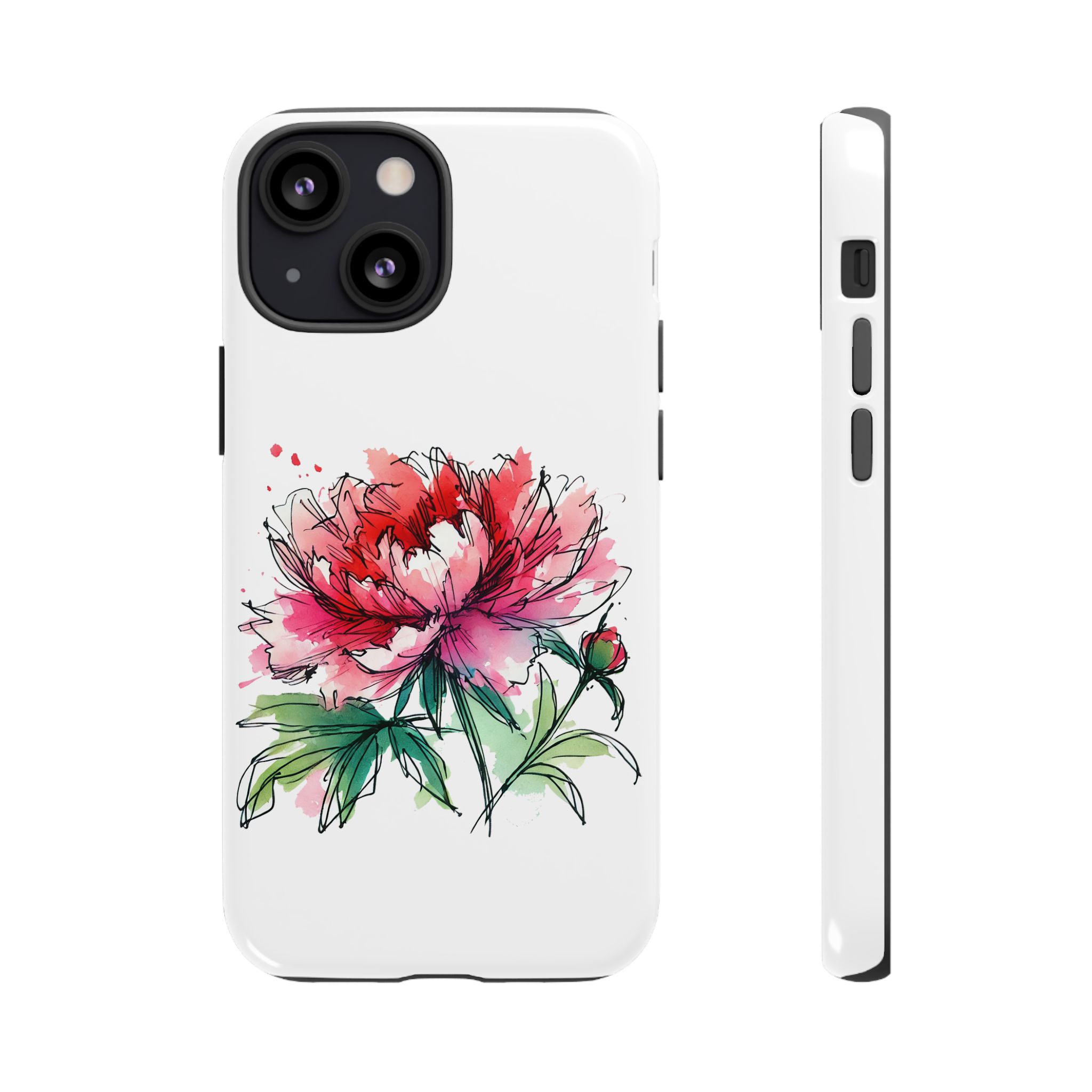 Phone case featuring a colorful peony illustration on a white background.