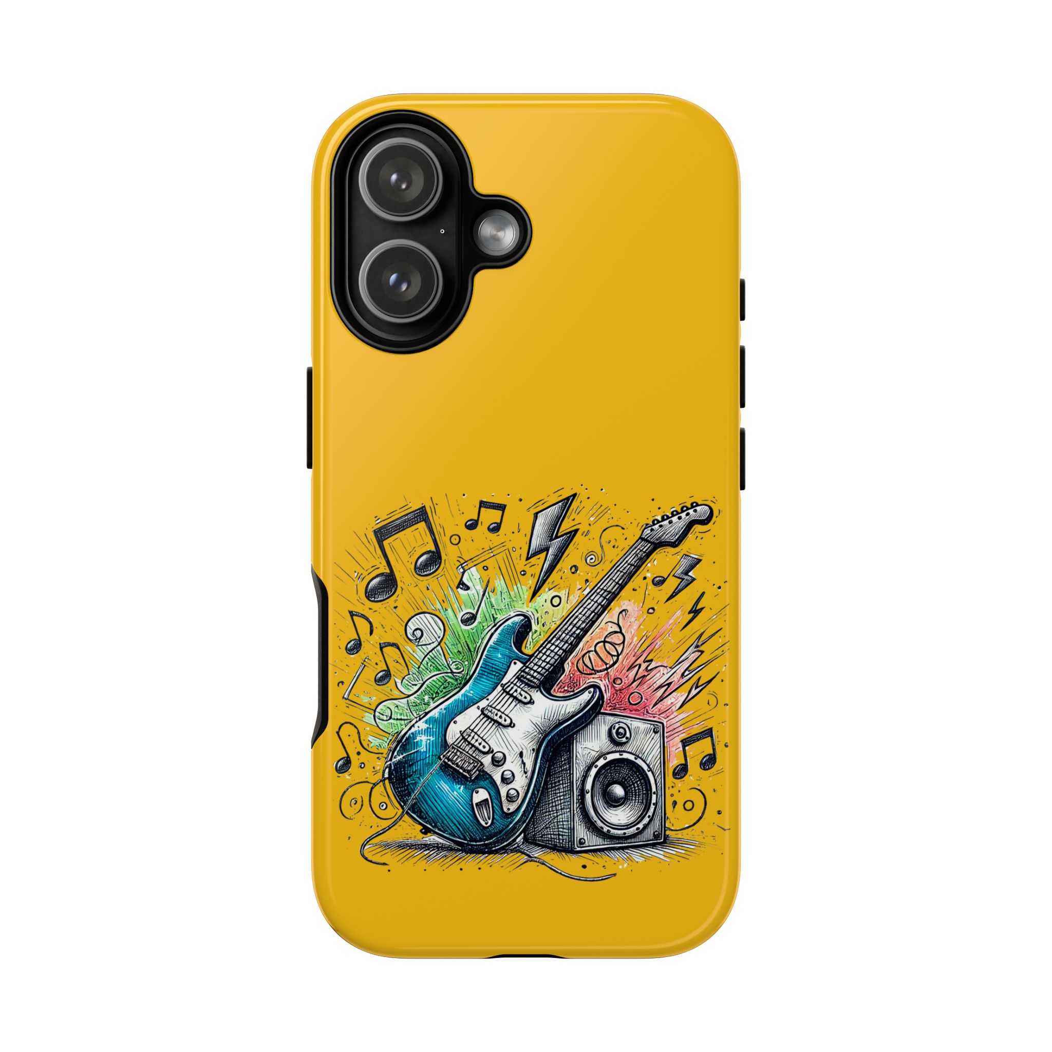 Yellow phone case featuring a blue electric guitar and speaker with music notes and colorful graphics.
