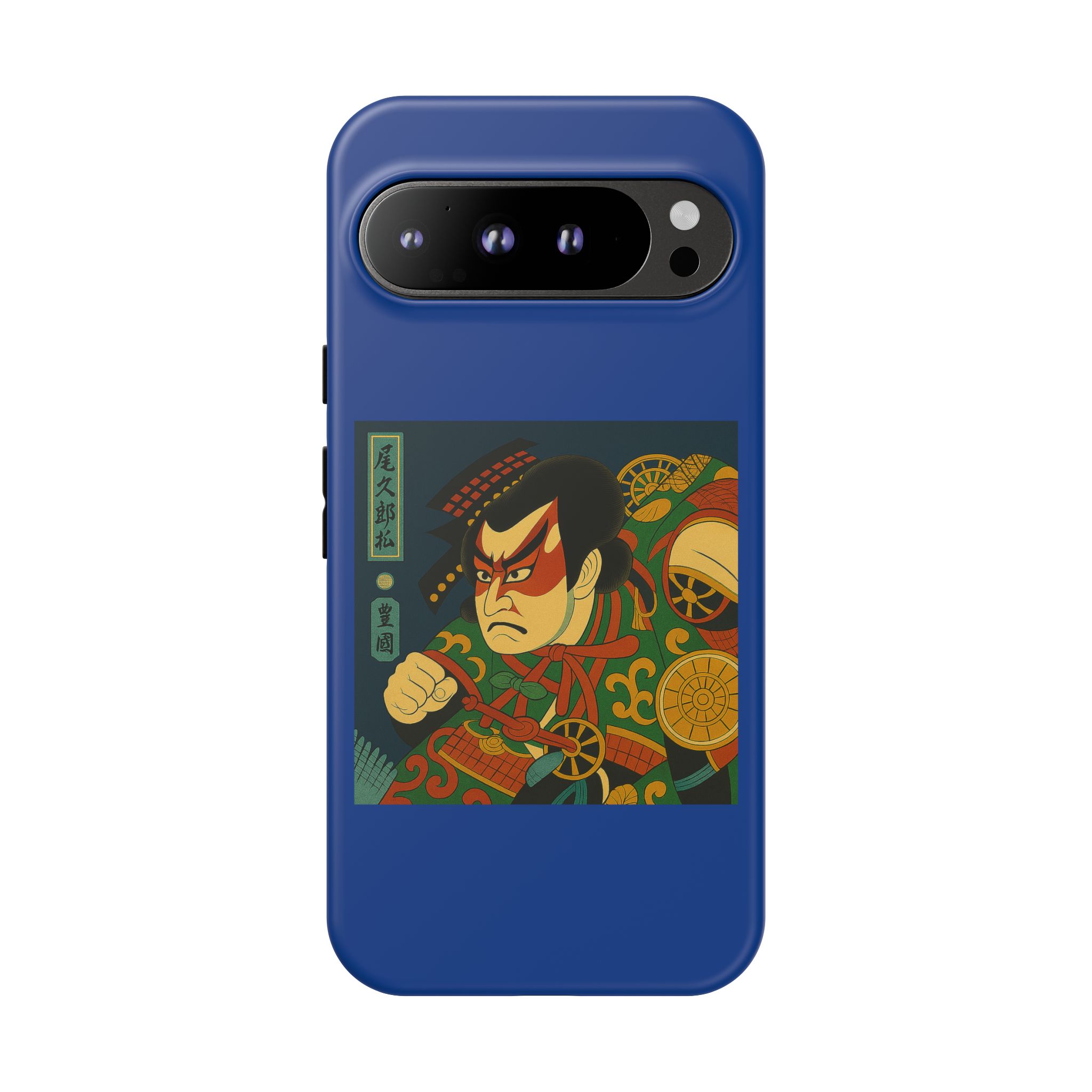 Blue phone case featuring a traditional Japanese art design with a character in a dramatic pose.