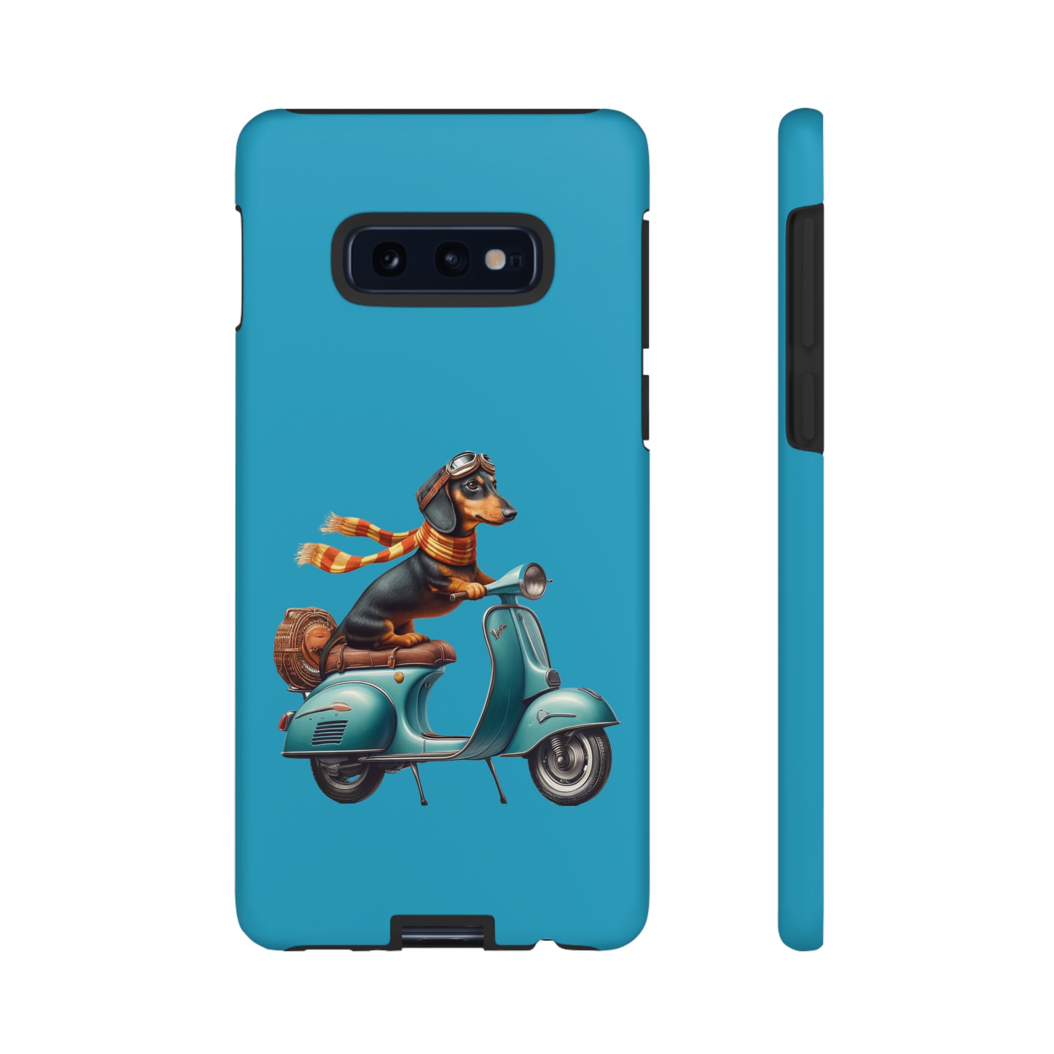 Dachshund wearing goggles and a scarf riding a vintage scooter on a blue phone case.