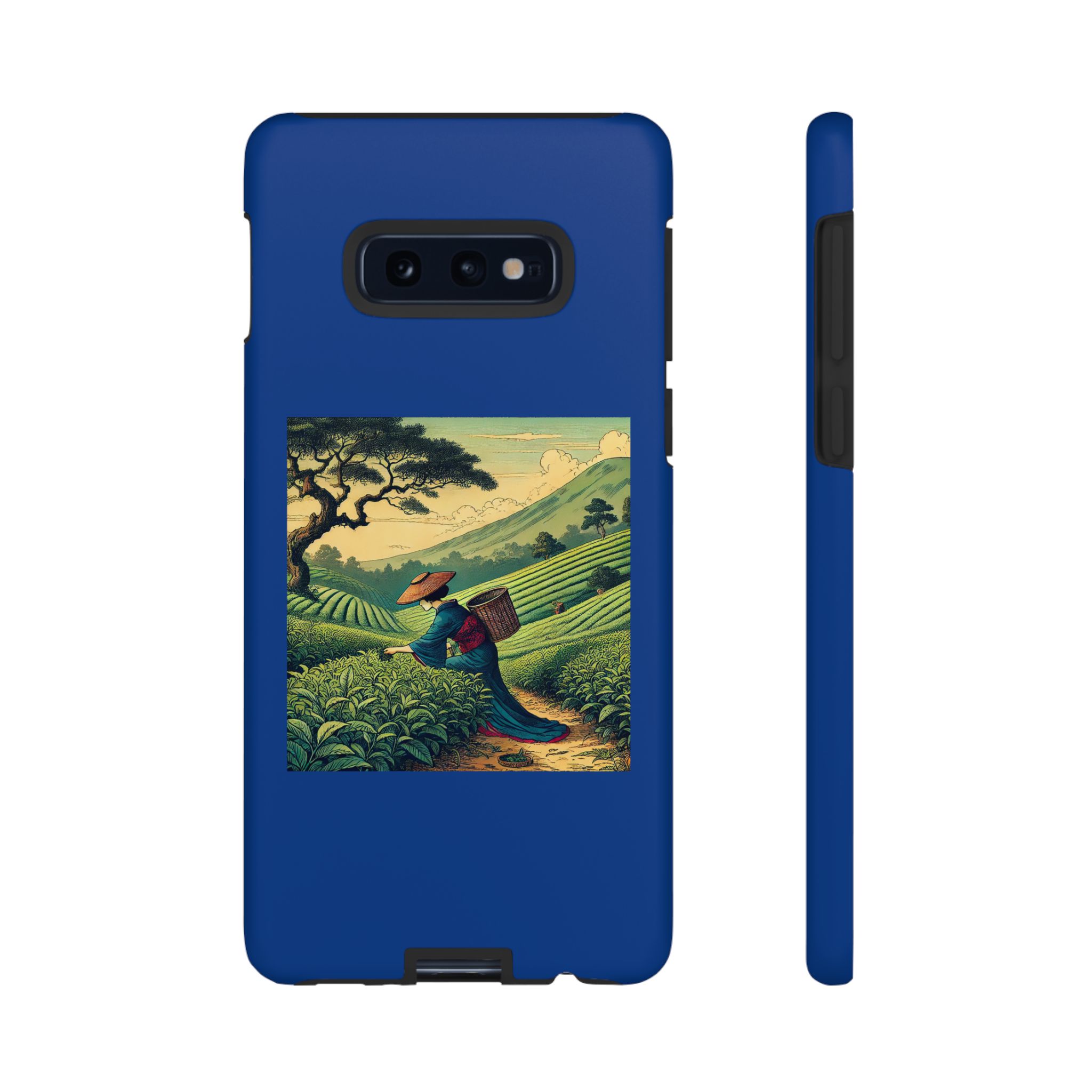Blue phone case featuring an illustration of a person working in a tea plantation.