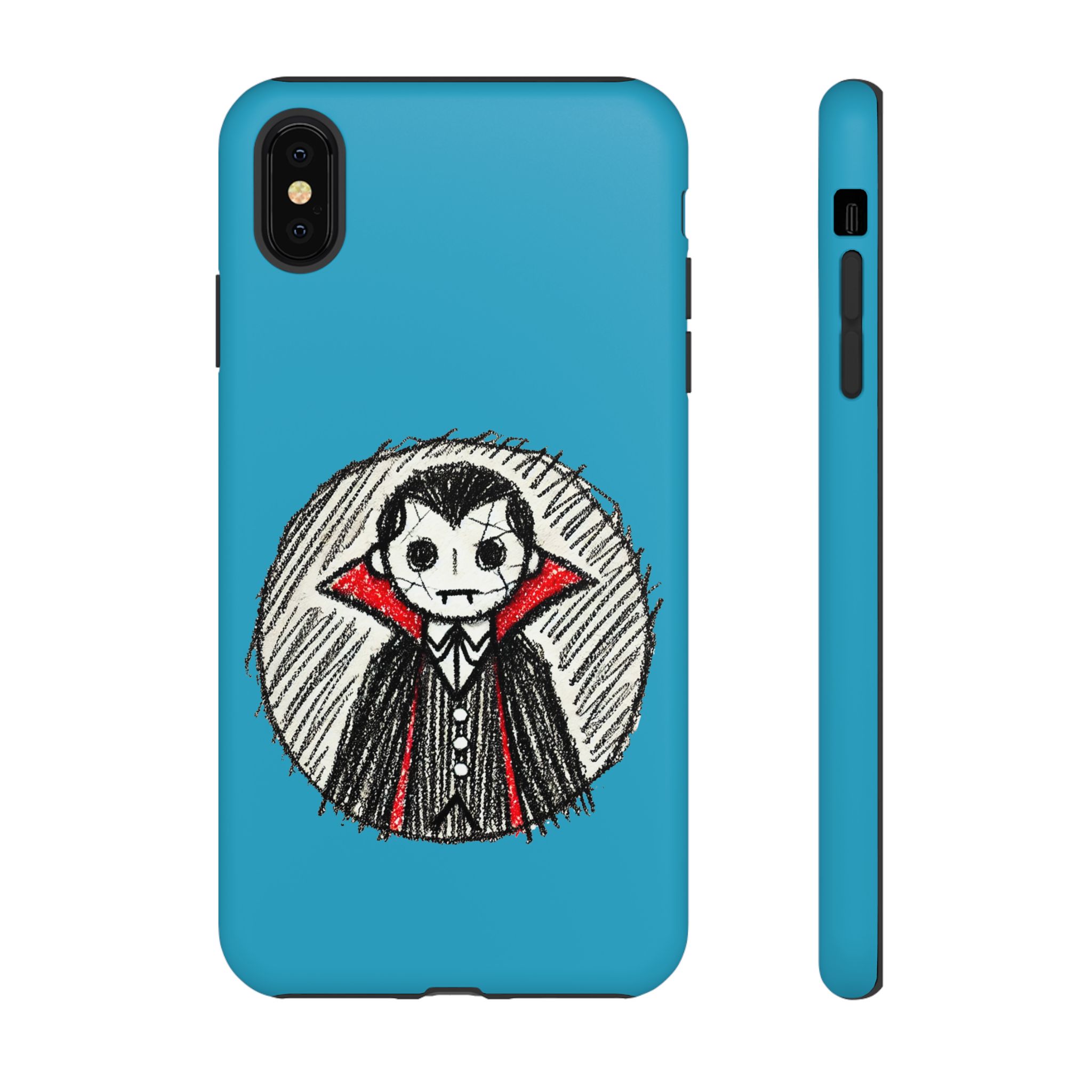 Phone case design featuring a vampire character with a blue background and red accents.