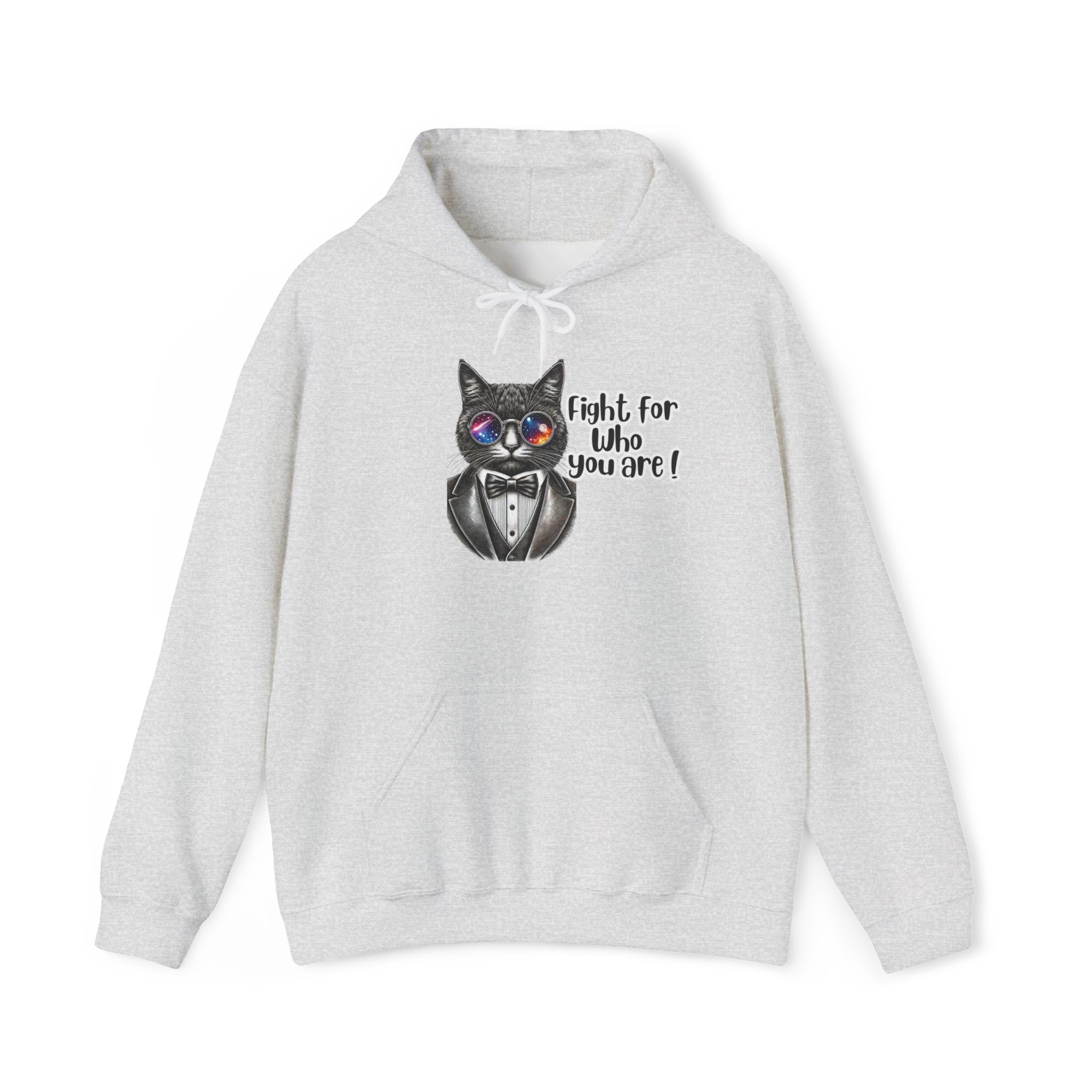 Gray hoodie featuring a cat wearing a tuxedo and glasses with the text 'Fight for who you are!'