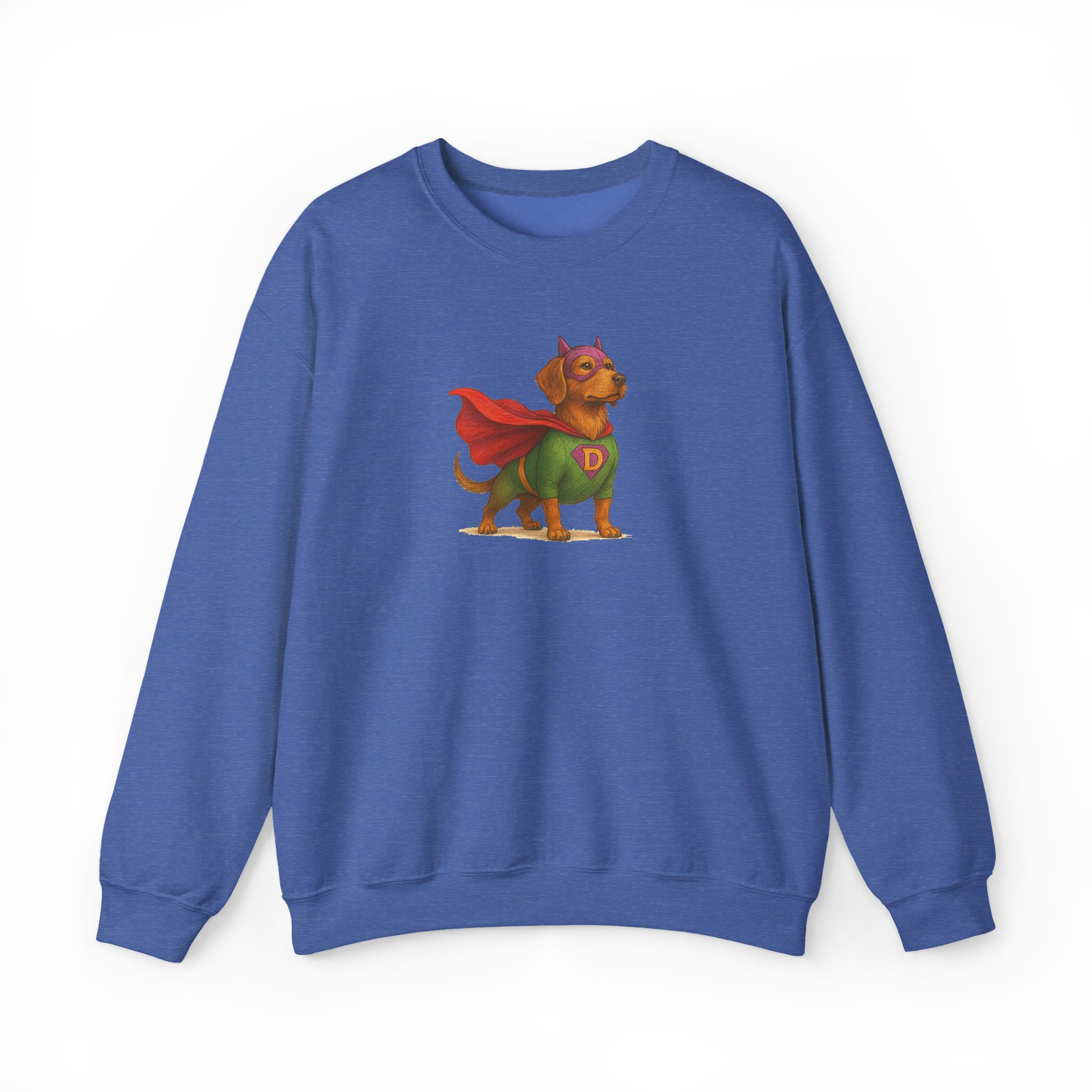 Blue sweatshirt featuring a graphic of a dog wearing a superhero costume with a cape.