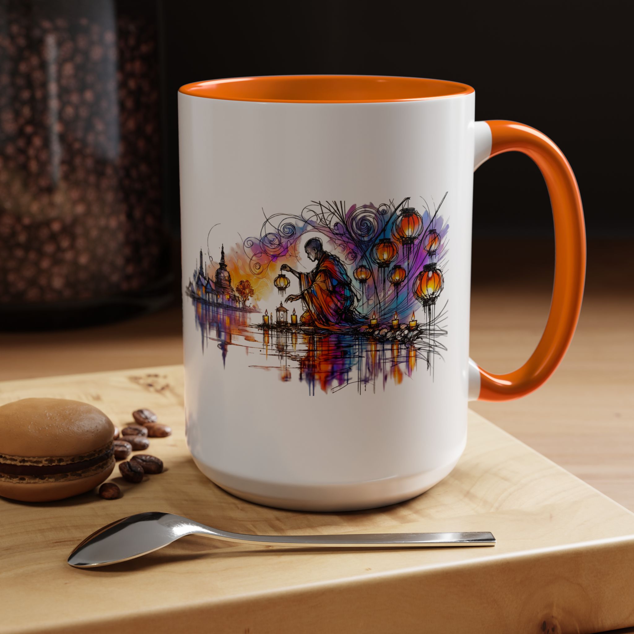 White ceramic mug with an orange handle featuring a colorful artistic design of a figure by a river.