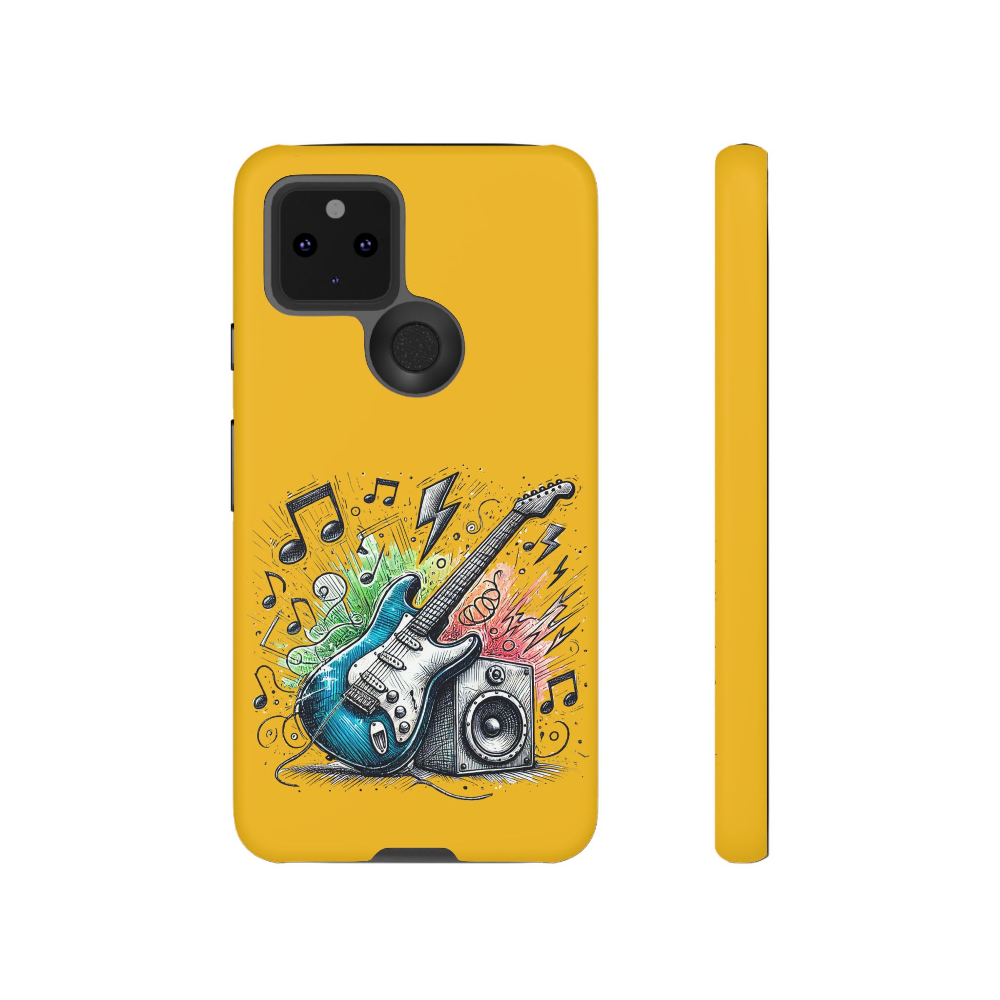 Yellow phone case featuring a blue electric guitar, speaker, and music notes in a colorful design.