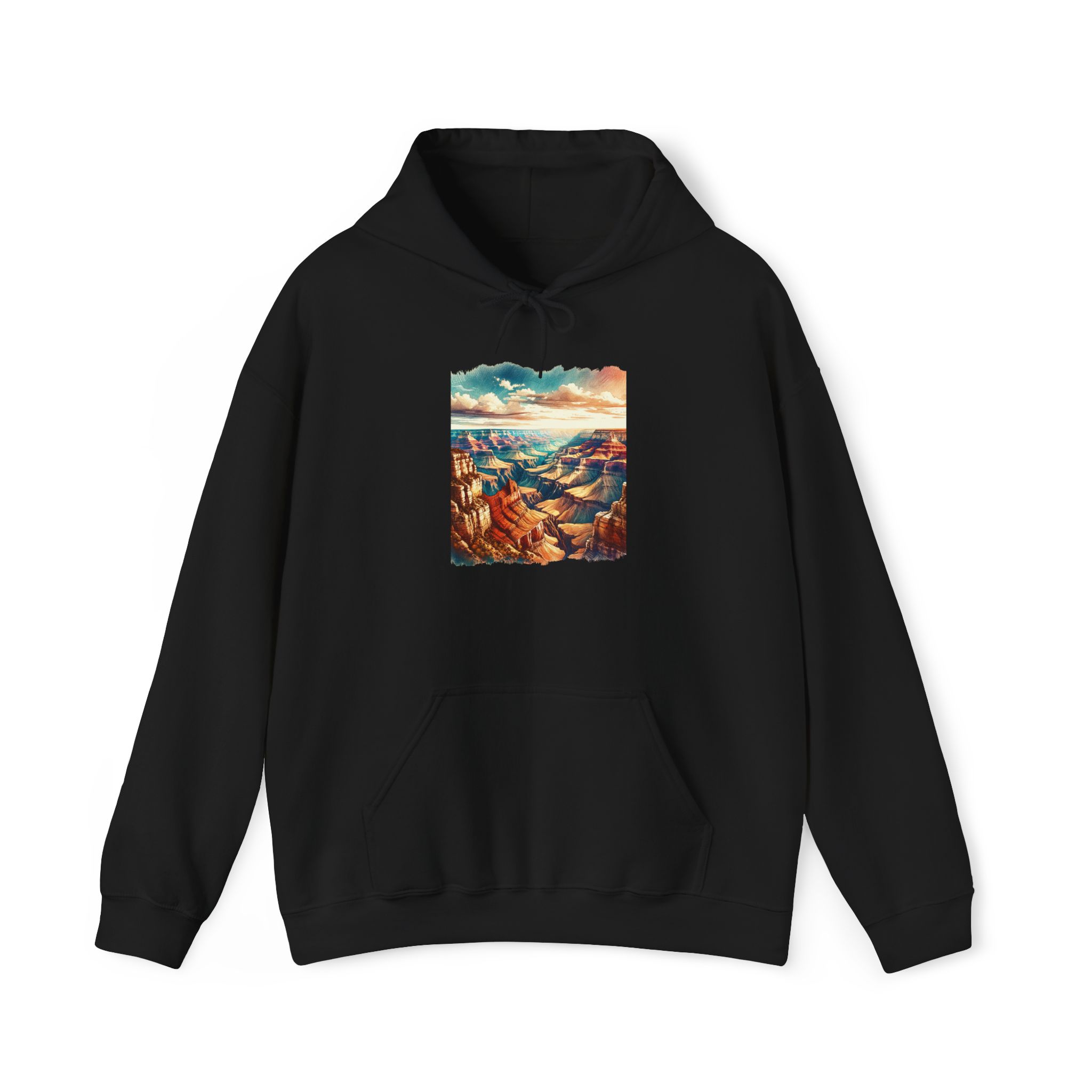 Black hoodie featuring a graphic of the Grand Canyon landscape with colorful skies.